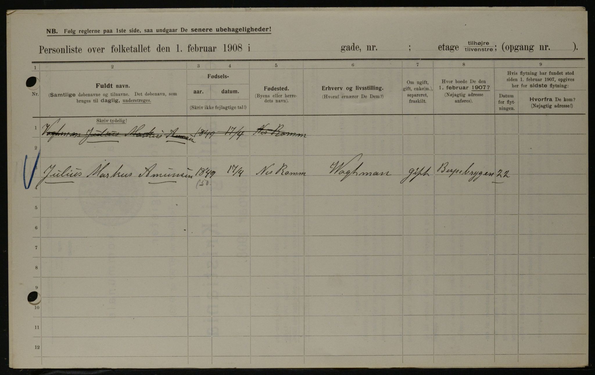 OBA, Municipal Census 1908 for Kristiania, 1908, p. 5252