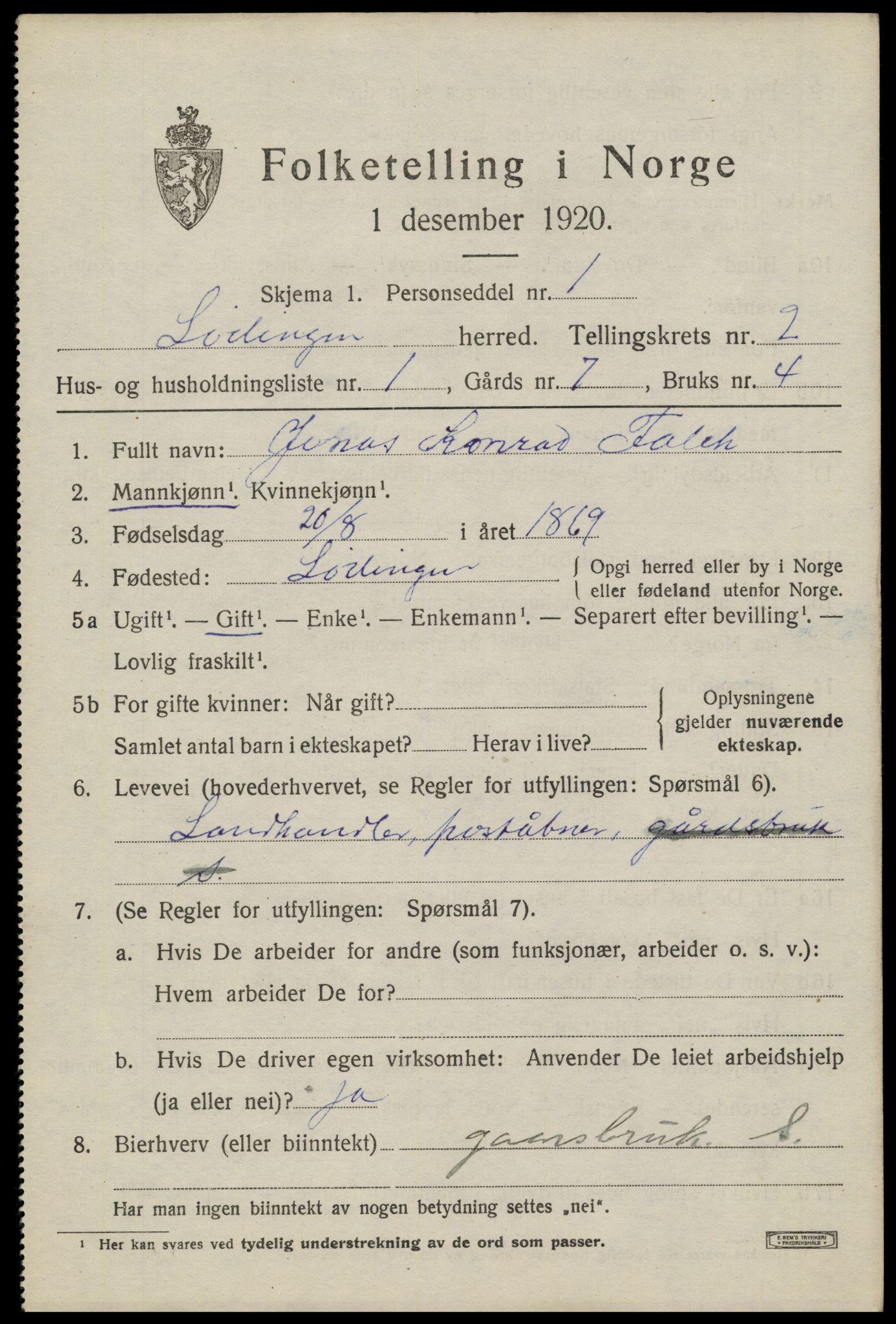 SAT, 1920 census for Lødingen, 1920, p. 1589