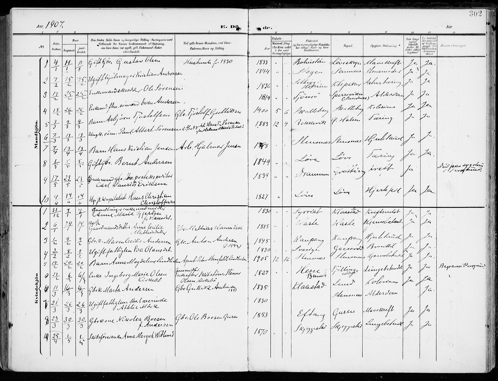 Tjølling kirkebøker, AV/SAKO-A-60/F/Fa/L0010: Parish register (official) no. 10, 1906-1923, p. 302