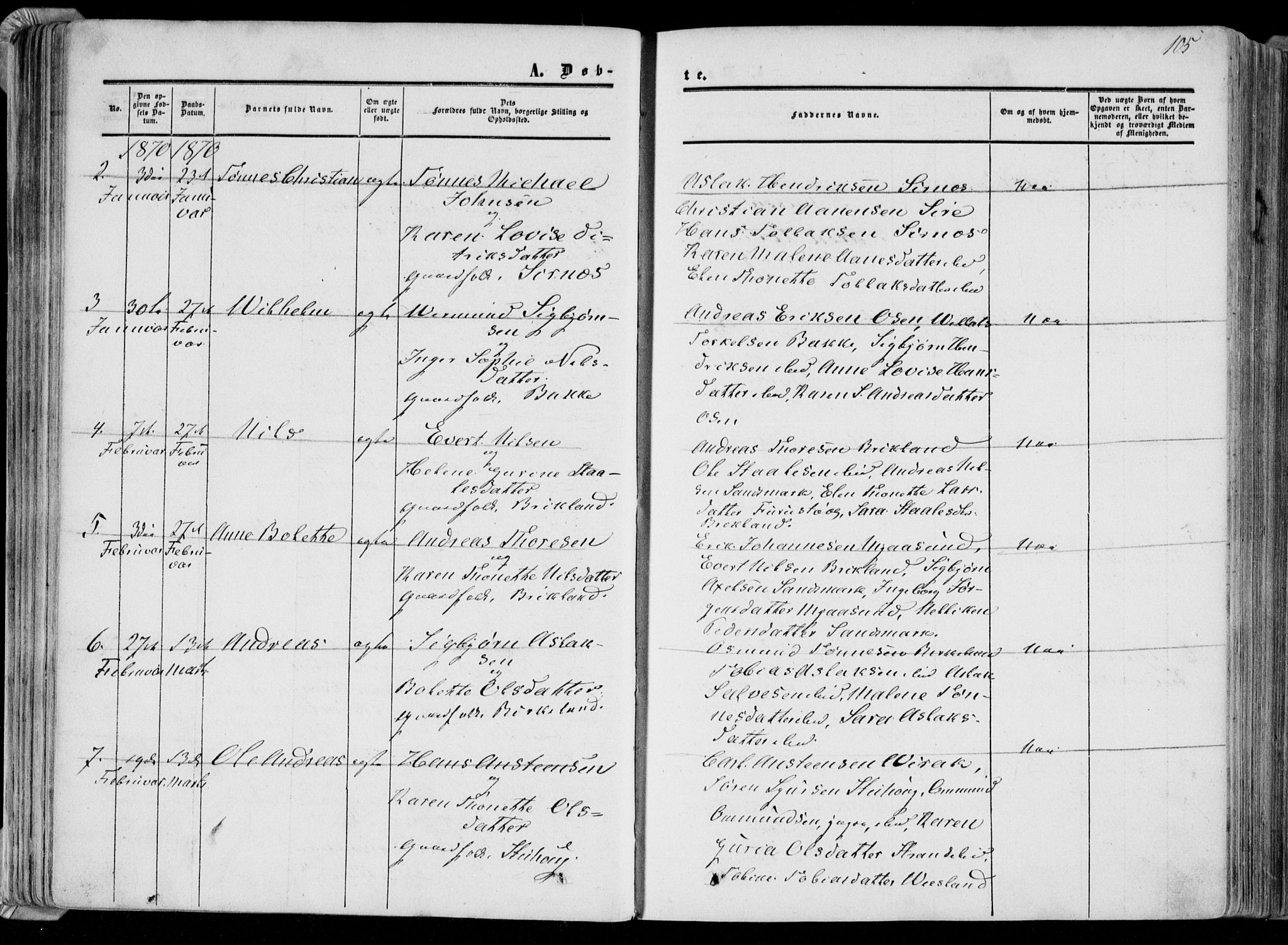 Bakke sokneprestkontor, AV/SAK-1111-0002/F/Fa/Faa/L0006: Parish register (official) no. A 6, 1855-1877, p. 105