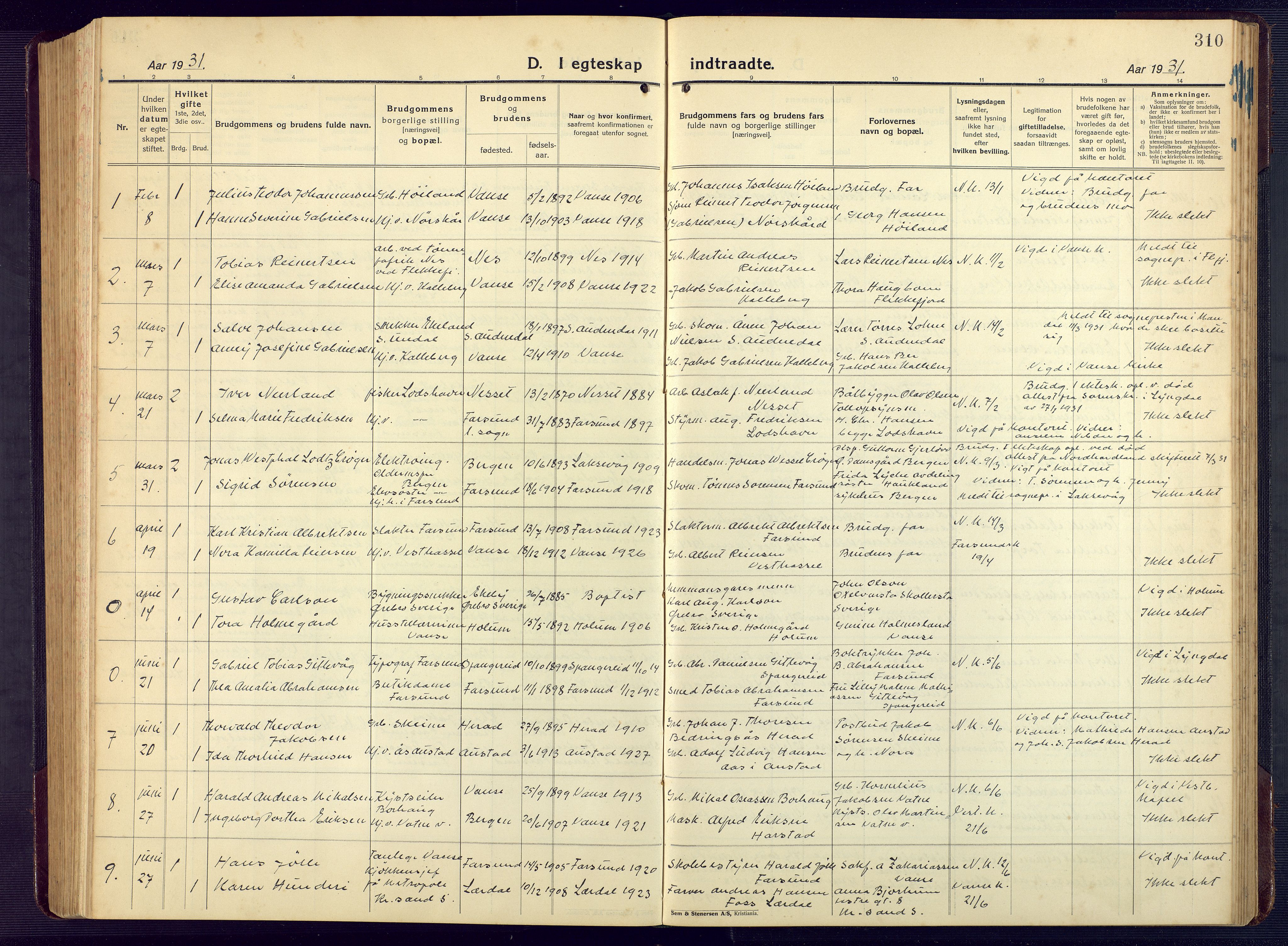 Lista sokneprestkontor, AV/SAK-1111-0027/F/Fb/L0006: Parish register (copy) no. B 6, 1924-1947, p. 310