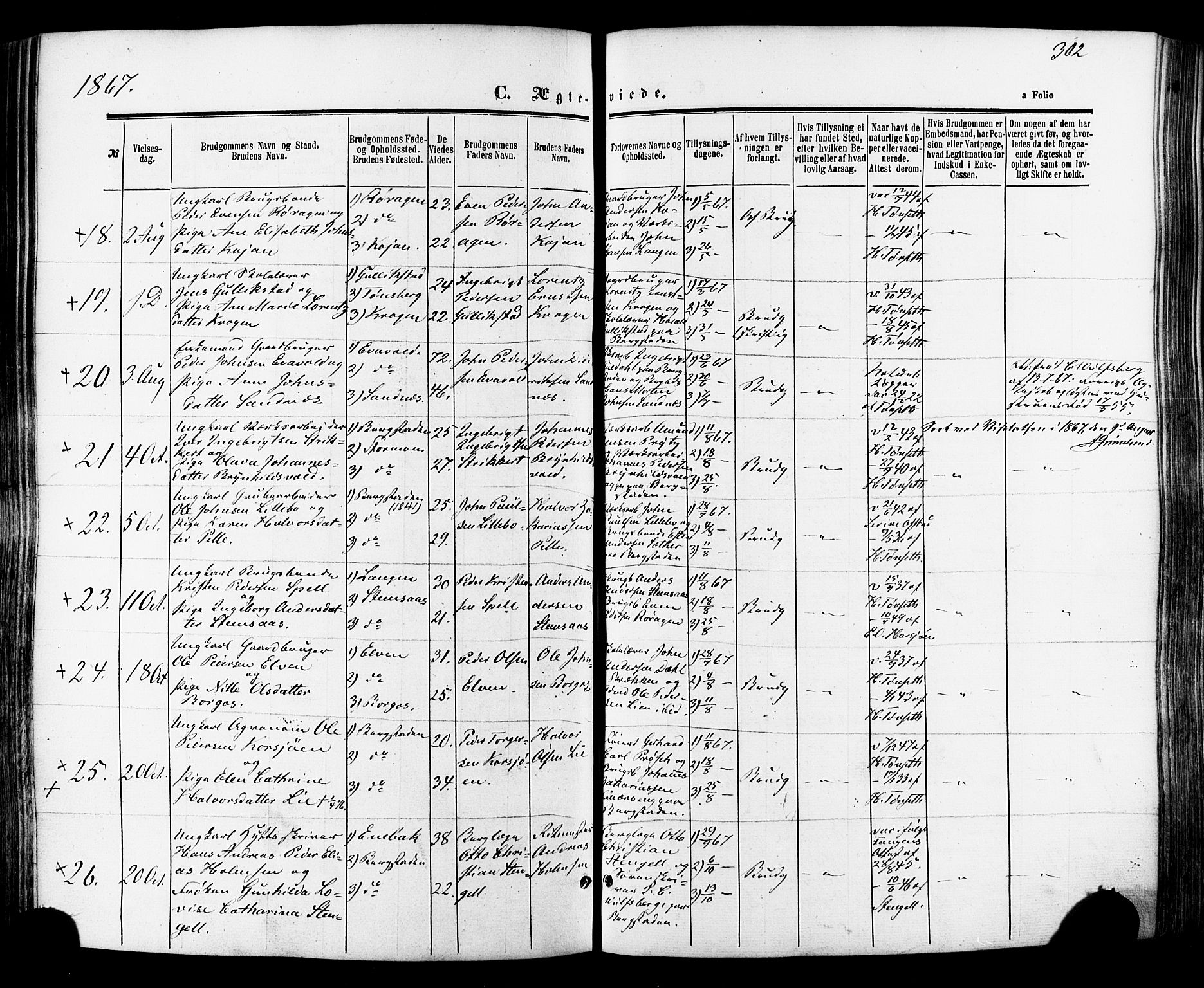 Ministerialprotokoller, klokkerbøker og fødselsregistre - Sør-Trøndelag, SAT/A-1456/681/L0932: Parish register (official) no. 681A10, 1860-1878, p. 302