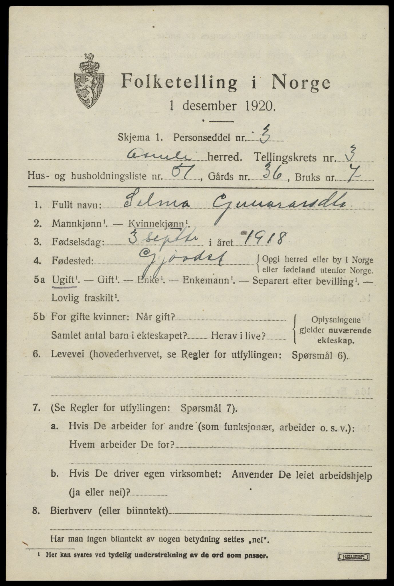 SAK, 1920 census for Åmli, 1920, p. 1853