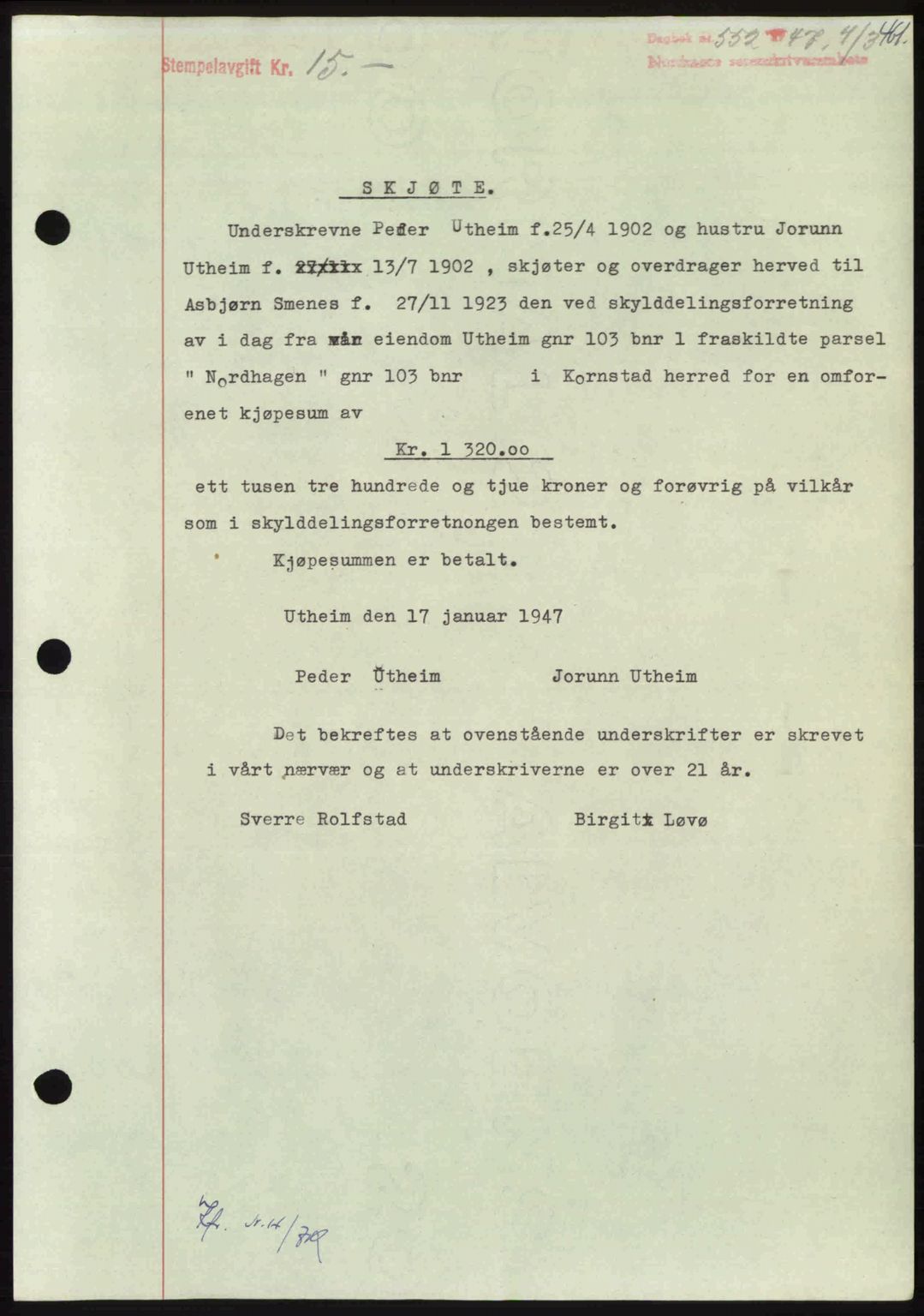 Nordmøre sorenskriveri, AV/SAT-A-4132/1/2/2Ca: Mortgage book no. A104, 1947-1947, Diary no: : 552/1947