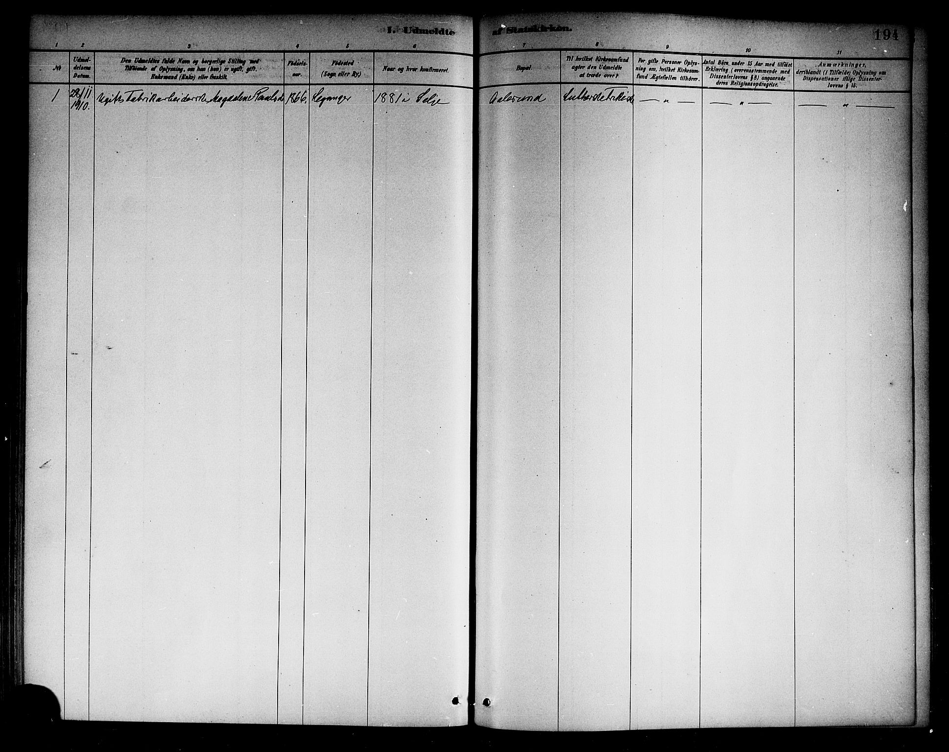 Selje sokneprestembete, SAB/A-99938/H/Ha/Haa/Haab: Parish register (official) no. B 1, 1881-1890, p. 194