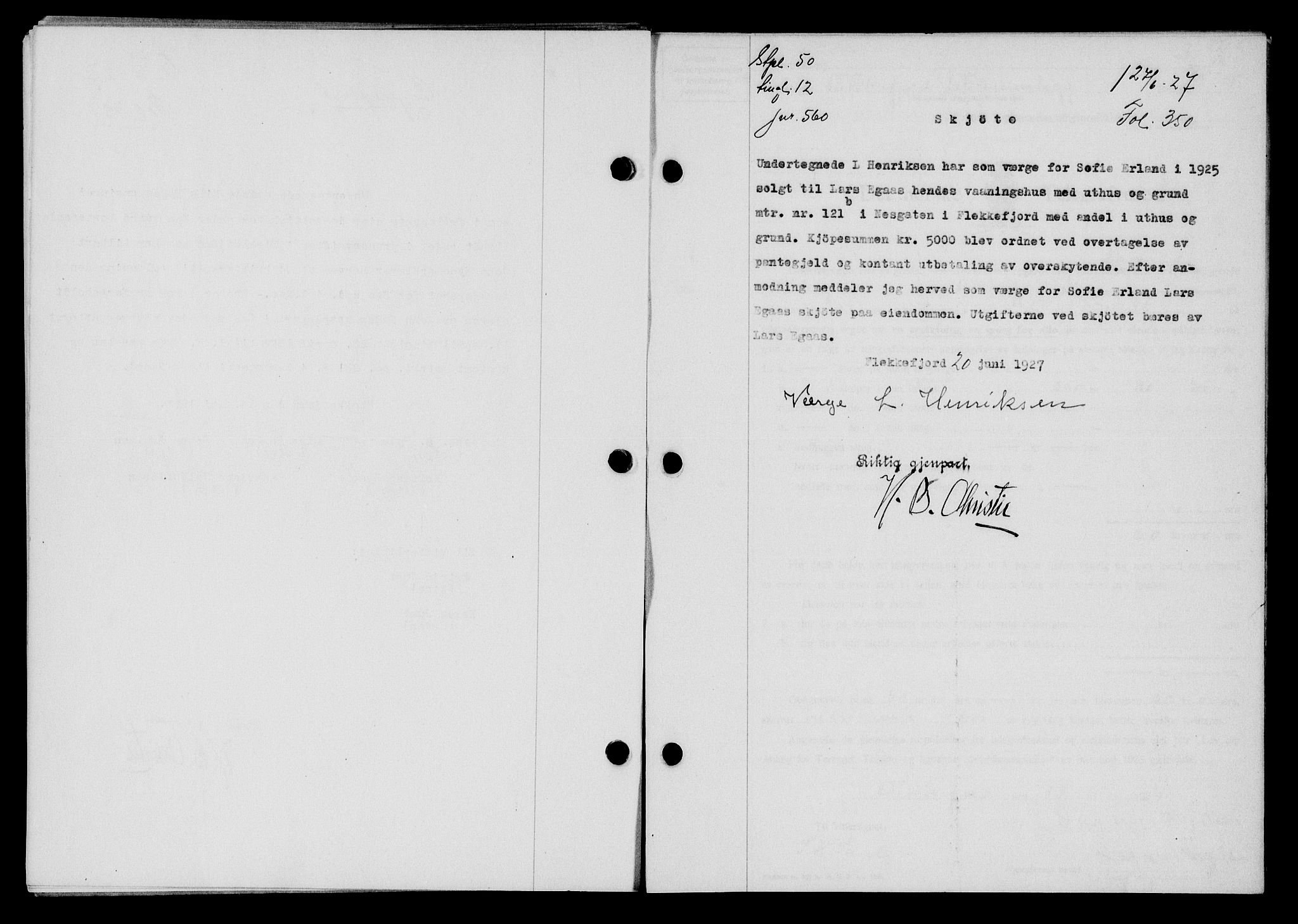 Flekkefjord sorenskriveri, SAK/1221-0001/G/Gb/Gba/L0043: Mortgage book no. 41, 1926-1927, Deed date: 27.06.1927