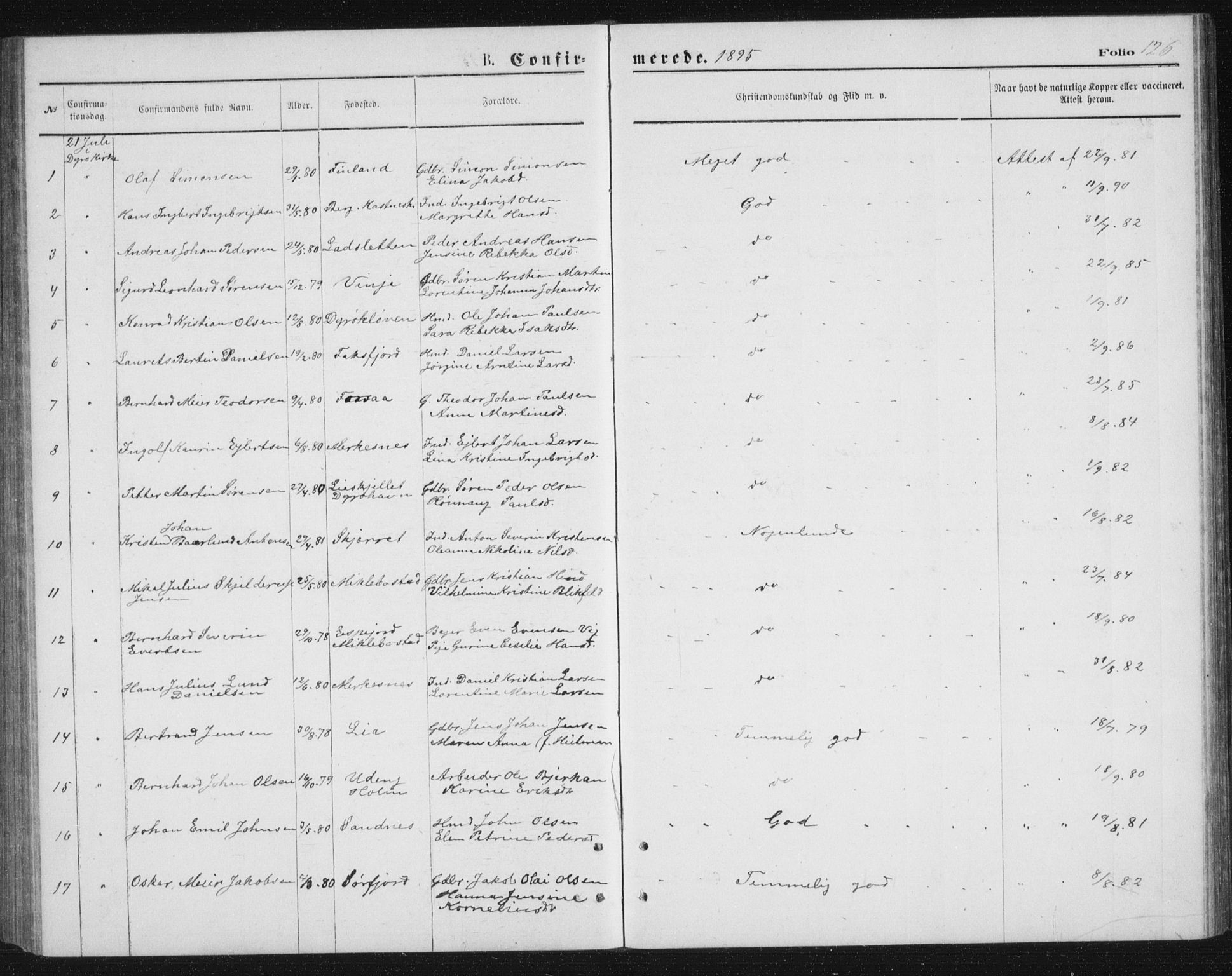 Tranøy sokneprestkontor, SATØ/S-1313/I/Ia/Iab/L0013klokker: Parish register (copy) no. 13, 1874-1896, p. 126