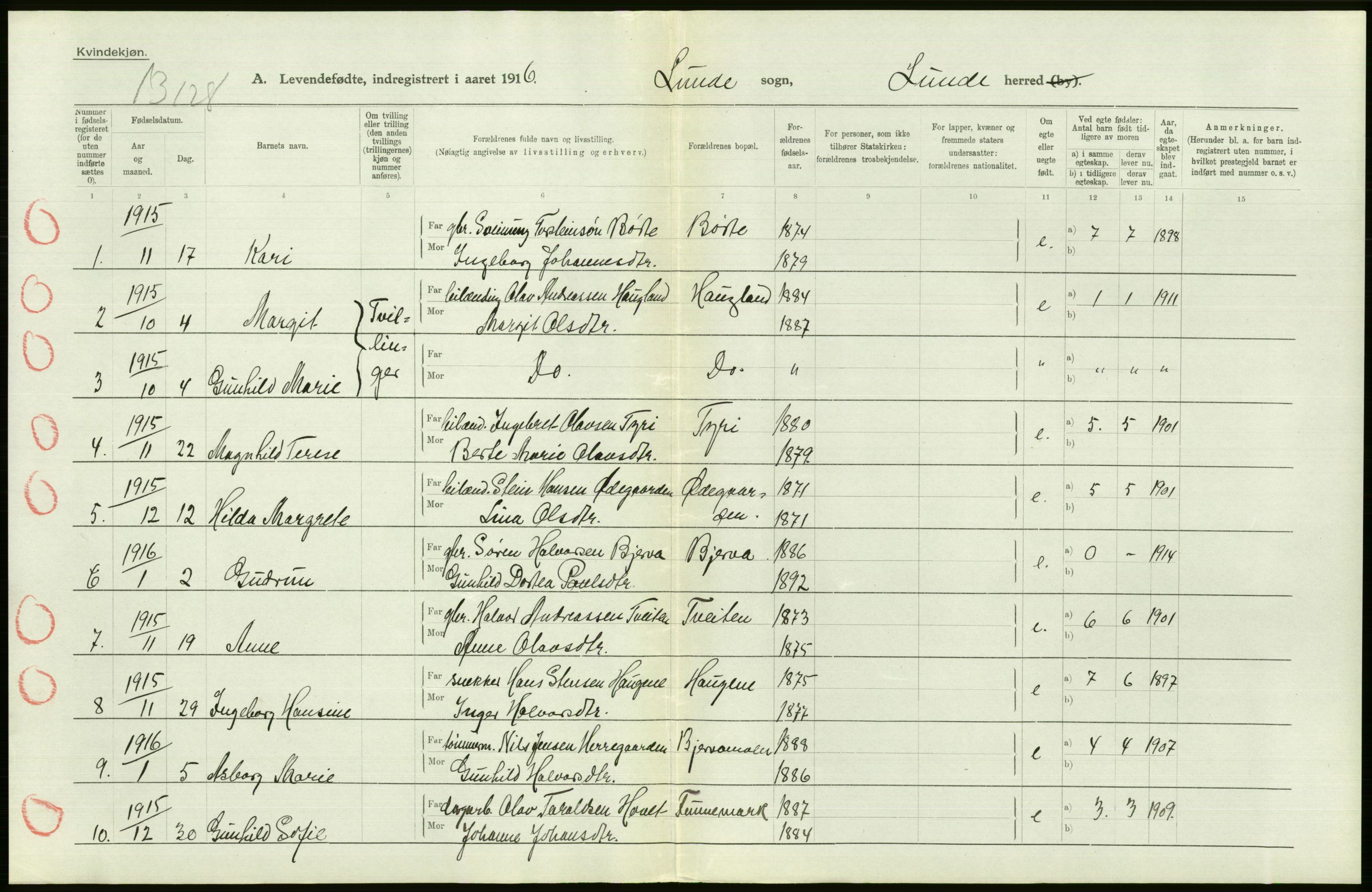 Statistisk sentralbyrå, Sosiodemografiske emner, Befolkning, RA/S-2228/D/Df/Dfb/Dfbf/L0022: Bratsberg amt: Levendefødte menn og kvinner. Bygder., 1916, p. 300