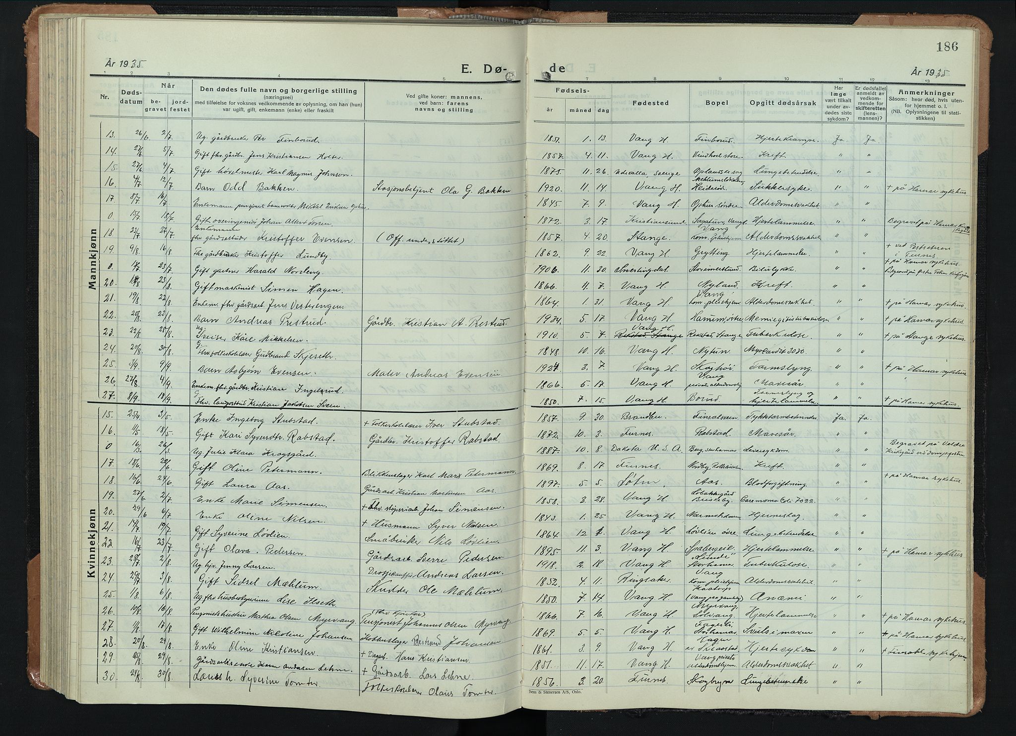 Vang prestekontor, Hedmark, SAH/PREST-008/H/Ha/Hab/L0016: Parish register (copy) no. 16, 1933-1945, p. 186