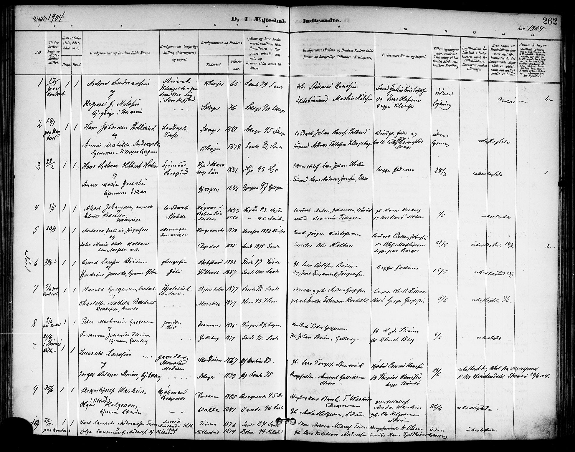 Sande Kirkebøker, SAKO/A-53/G/Ga/L0004: Parish register (copy) no. 4, 1895-1918, p. 262