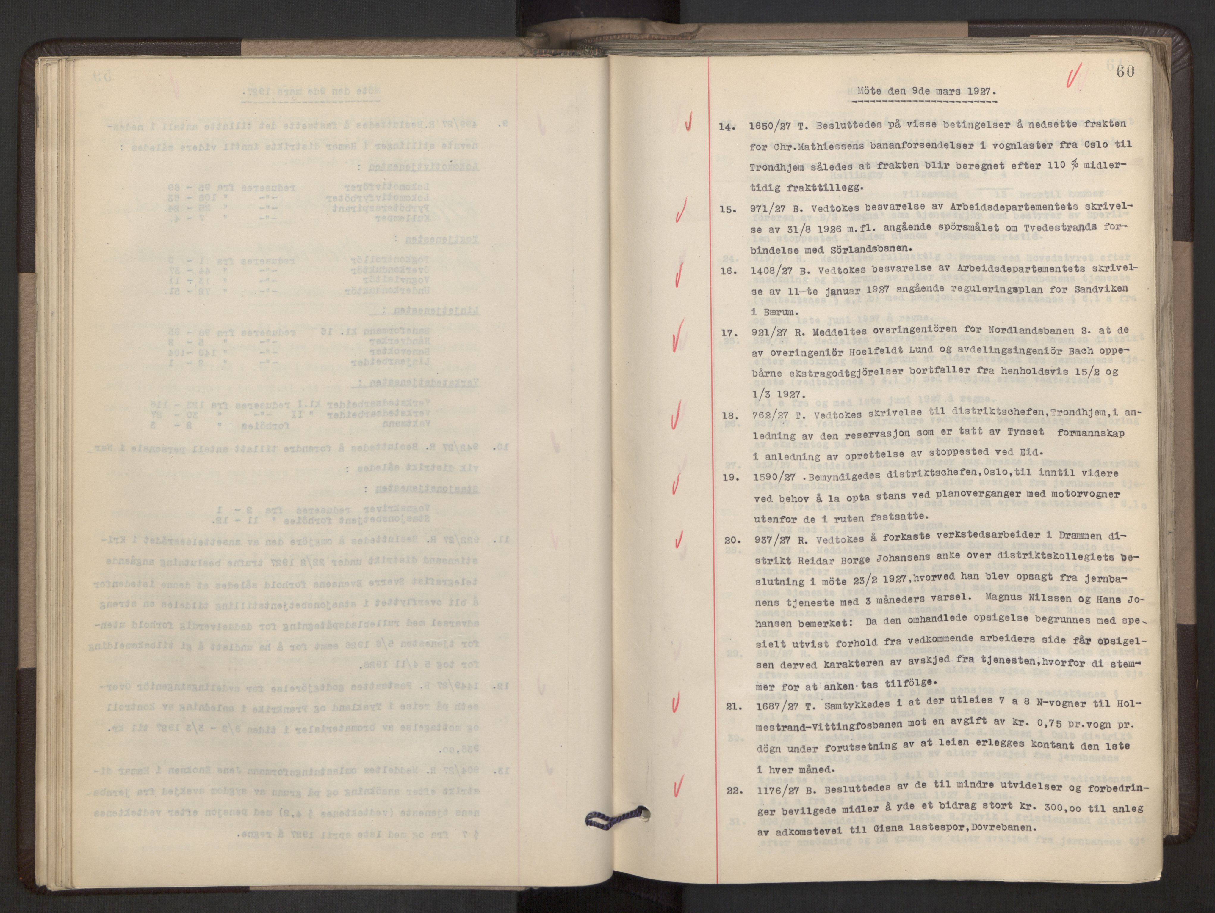 Norges statsbaner, Administrasjons- økonomi- og personalavdelingen, AV/RA-S-3412/A/Aa/L0021: Forhandlingsprotokoll, 1927-1928, p. 60