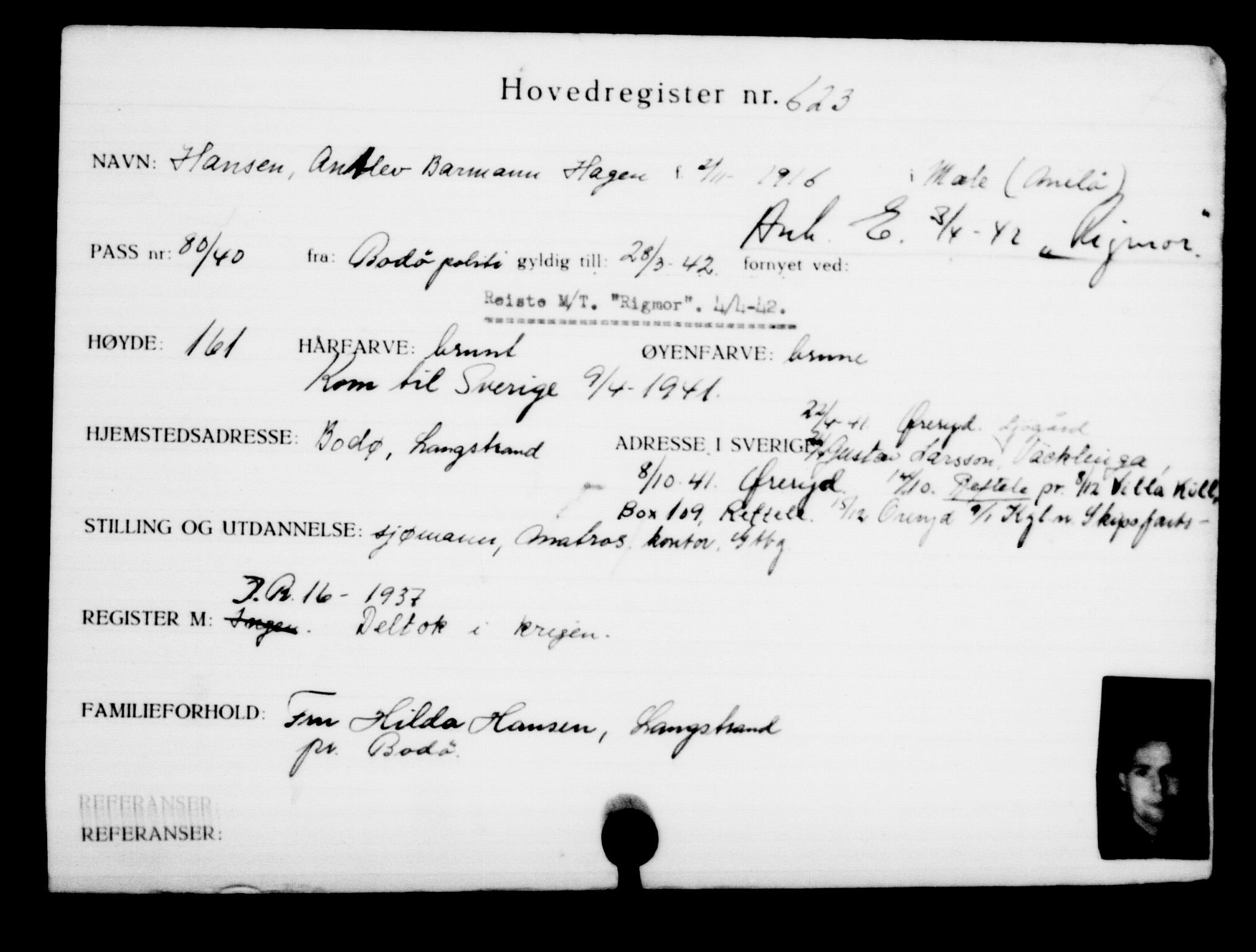Utenriksstasjonene, Legasjonen i Stockholm, Flyktningkontoret, AV/RA-S-6753/V/Va/L0001: Kjesäterkartoteket, flyktninger med registreringsnr. 1-1000, 1940-1945, p. 976
