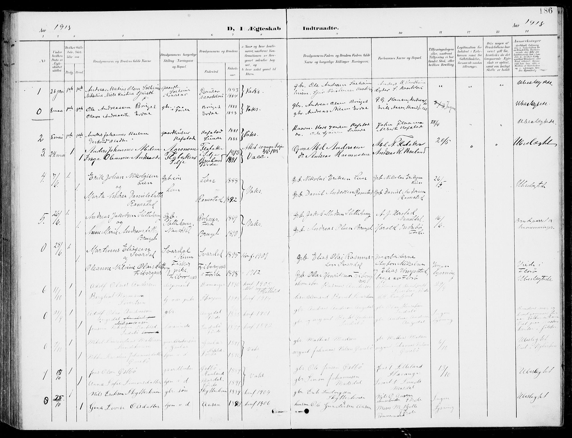 Førde sokneprestembete, SAB/A-79901/H/Haa/Haab/L0002: Parish register (official) no. B  2, 1899-1920, p. 186