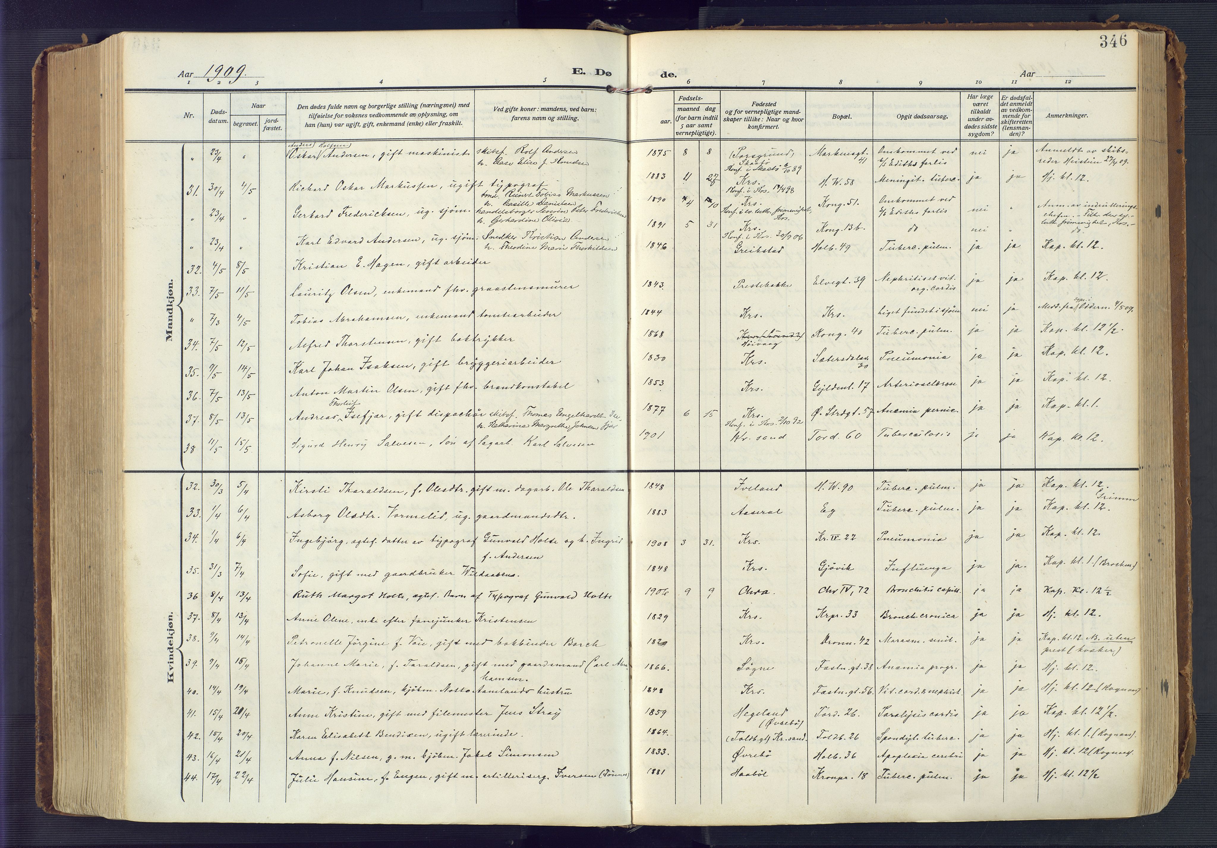 Kristiansand domprosti, AV/SAK-1112-0006/F/Fa/L0023: Parish register (official) no. A 22, 1909-1917, p. 346