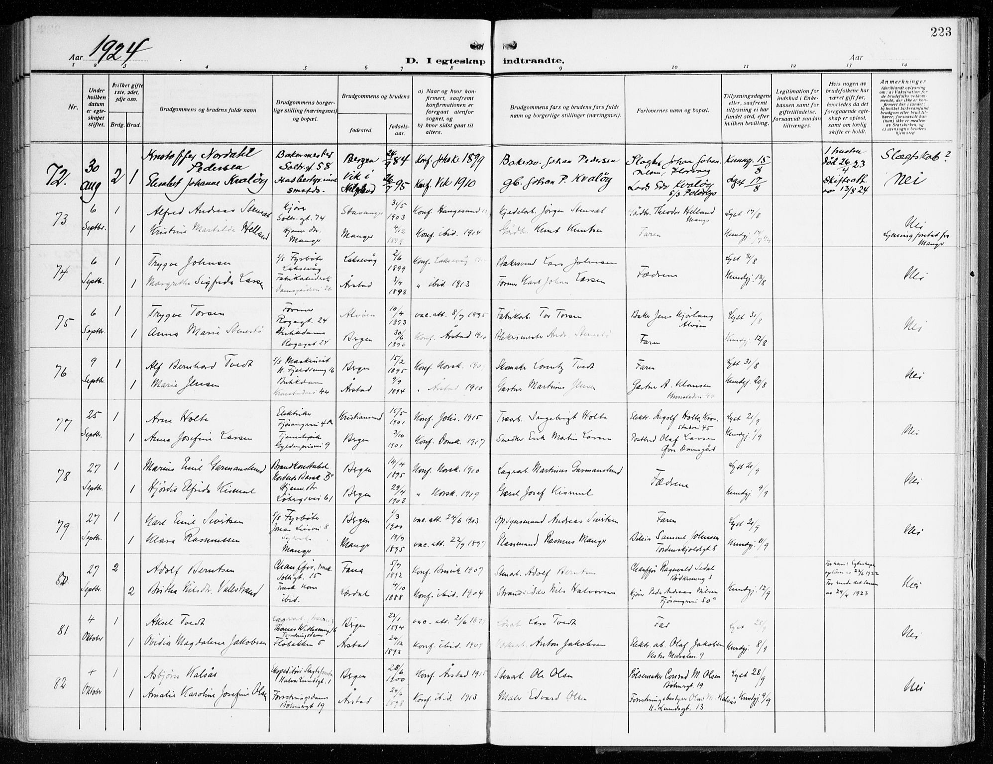 Årstad Sokneprestembete, AV/SAB-A-79301/H/Haa/L0004: Parish register (official) no. A 4, 1919-1928, p. 223