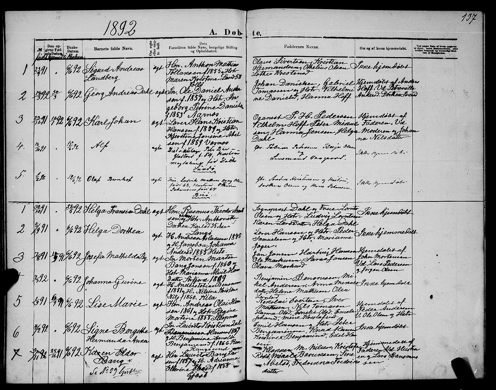 Ministerialprotokoller, klokkerbøker og fødselsregistre - Nordland, SAT/A-1459/841/L0620: Parish register (copy) no. 841C04, 1877-1896, p. 137
