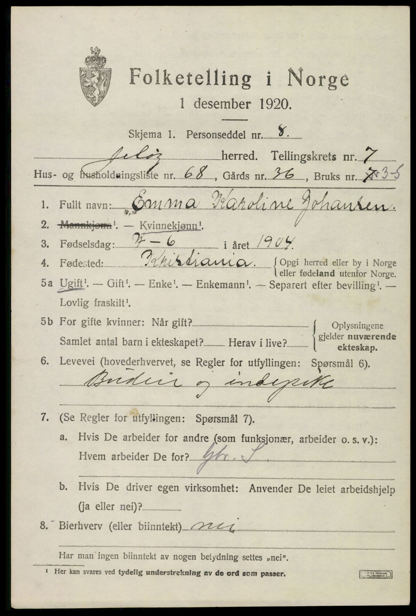 SAO, 1920 census for Moss land district, 1920, p. 8635