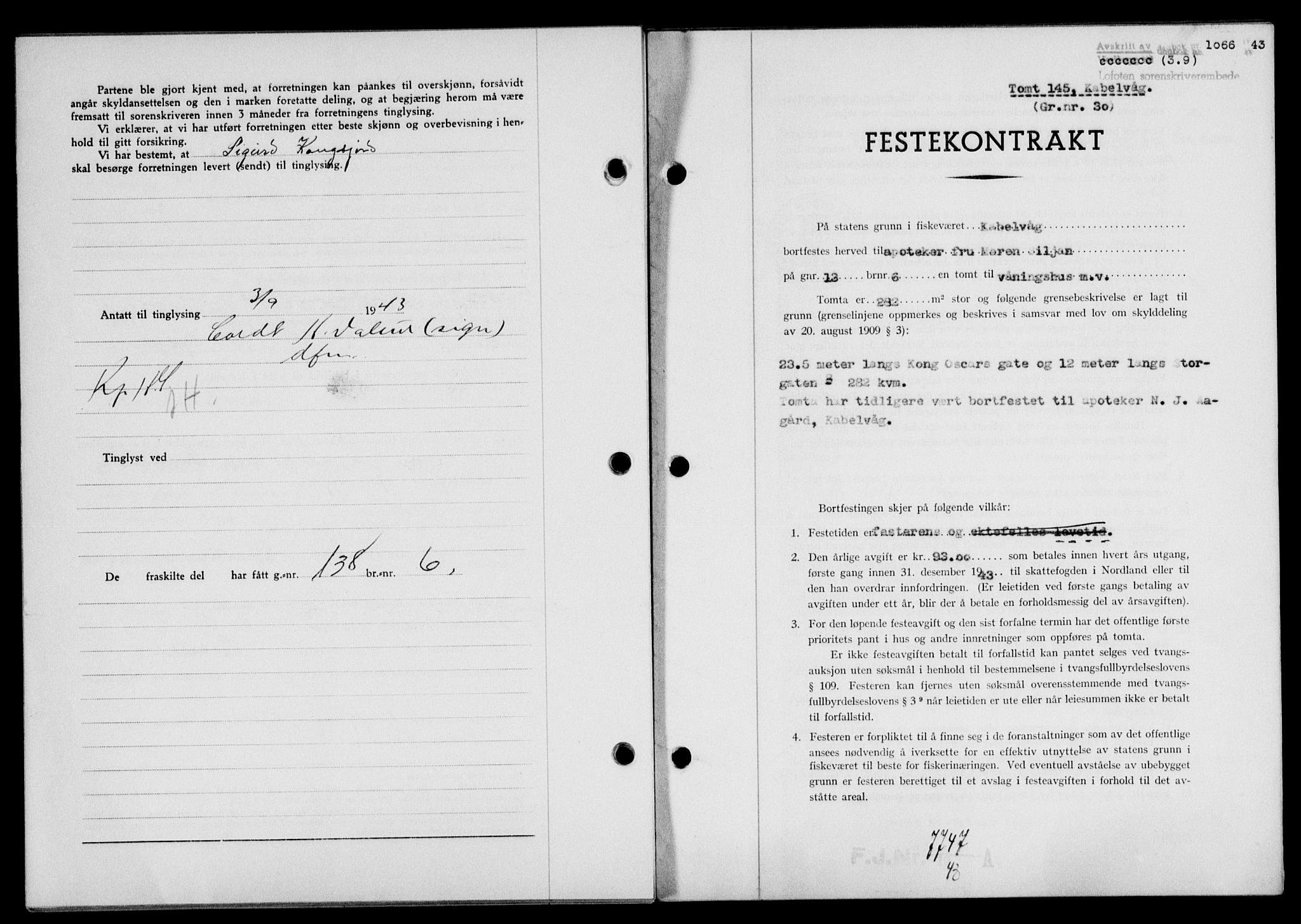 Lofoten sorenskriveri, SAT/A-0017/1/2/2C/L0011a: Mortgage book no. 11a, 1943-1943, Diary no: : 1066/1943