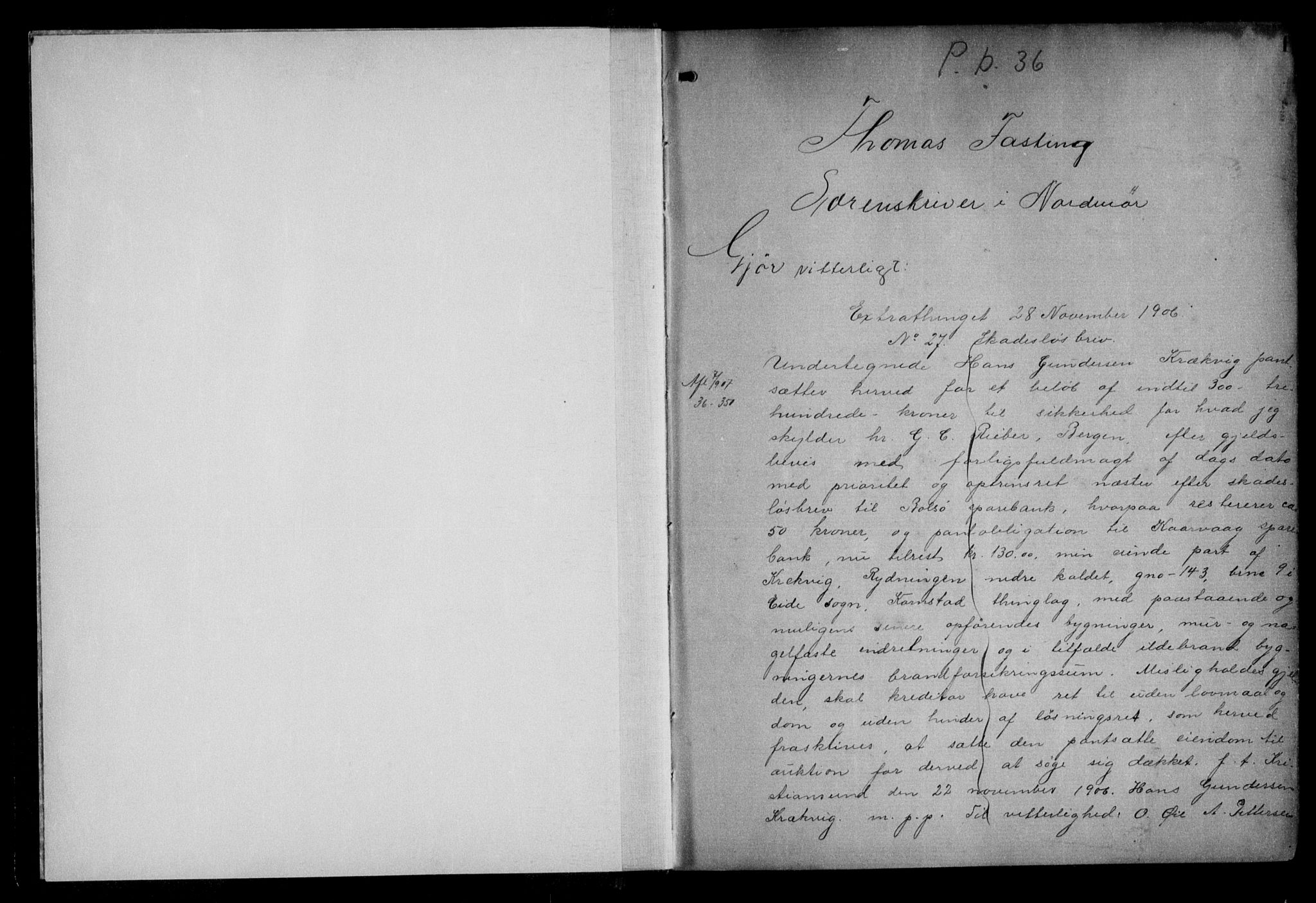 Nordmøre sorenskriveri, AV/SAT-A-4132/1/2/2Ca/L0046: Mortgage book no. 36, 1906-1908, p. 1