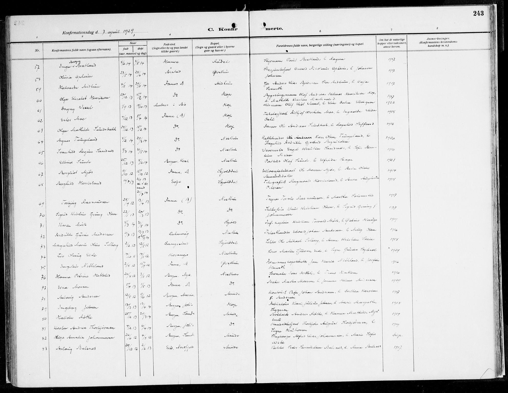 Fana Sokneprestembete, AV/SAB-A-75101/H/Haa/Haaj/L0001: Parish register (official) no. J 1, 1921-1935, p. 243