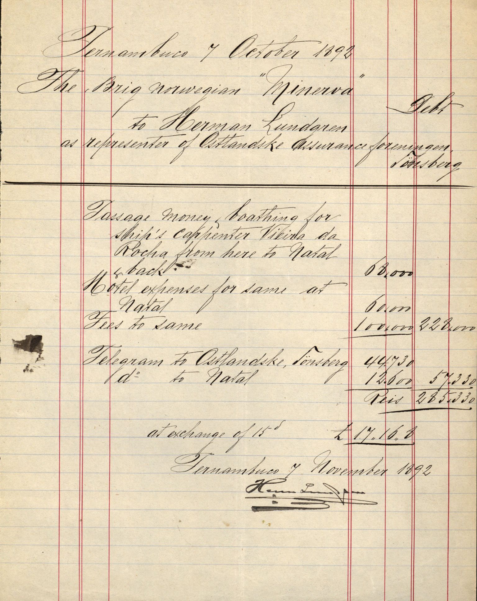 Pa 63 - Østlandske skibsassuranceforening, VEMU/A-1079/G/Ga/L0028/0003: Havaridokumenter / Minerva, Mathilde, Magnolia, Sir John Lawrence, 1892, p. 75