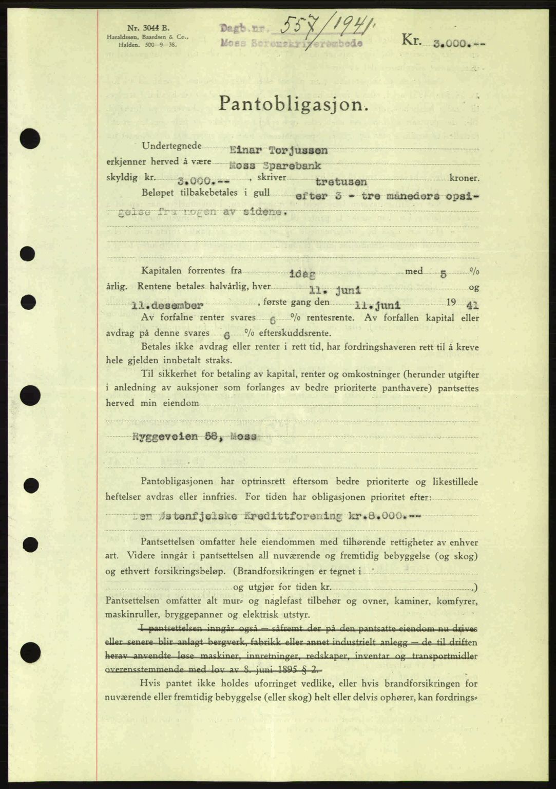 Moss sorenskriveri, SAO/A-10168: Mortgage book no. B10, 1940-1941, Diary no: : 557/1941