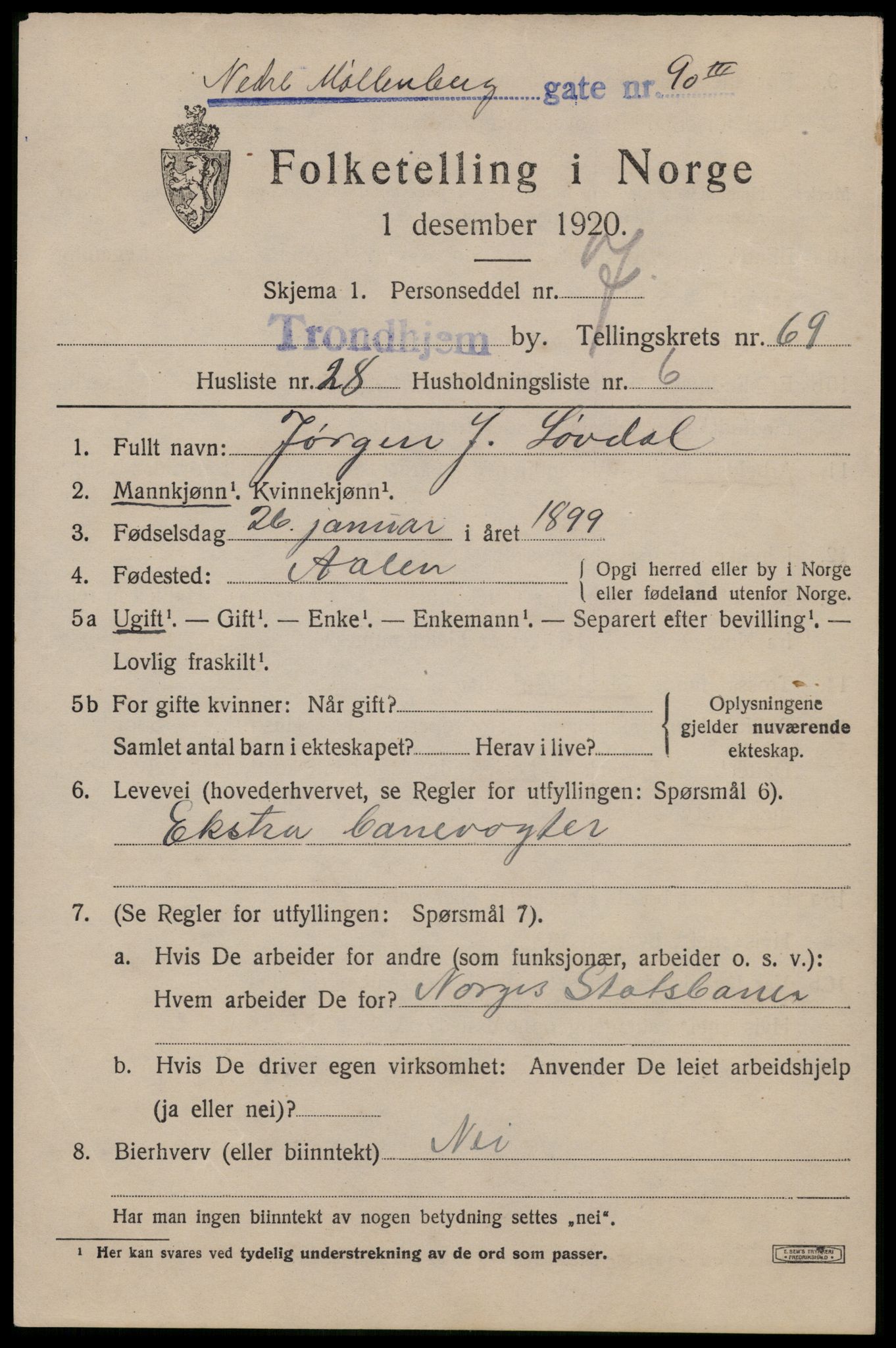 SAT, 1920 census for Trondheim, 1920, p. 137930