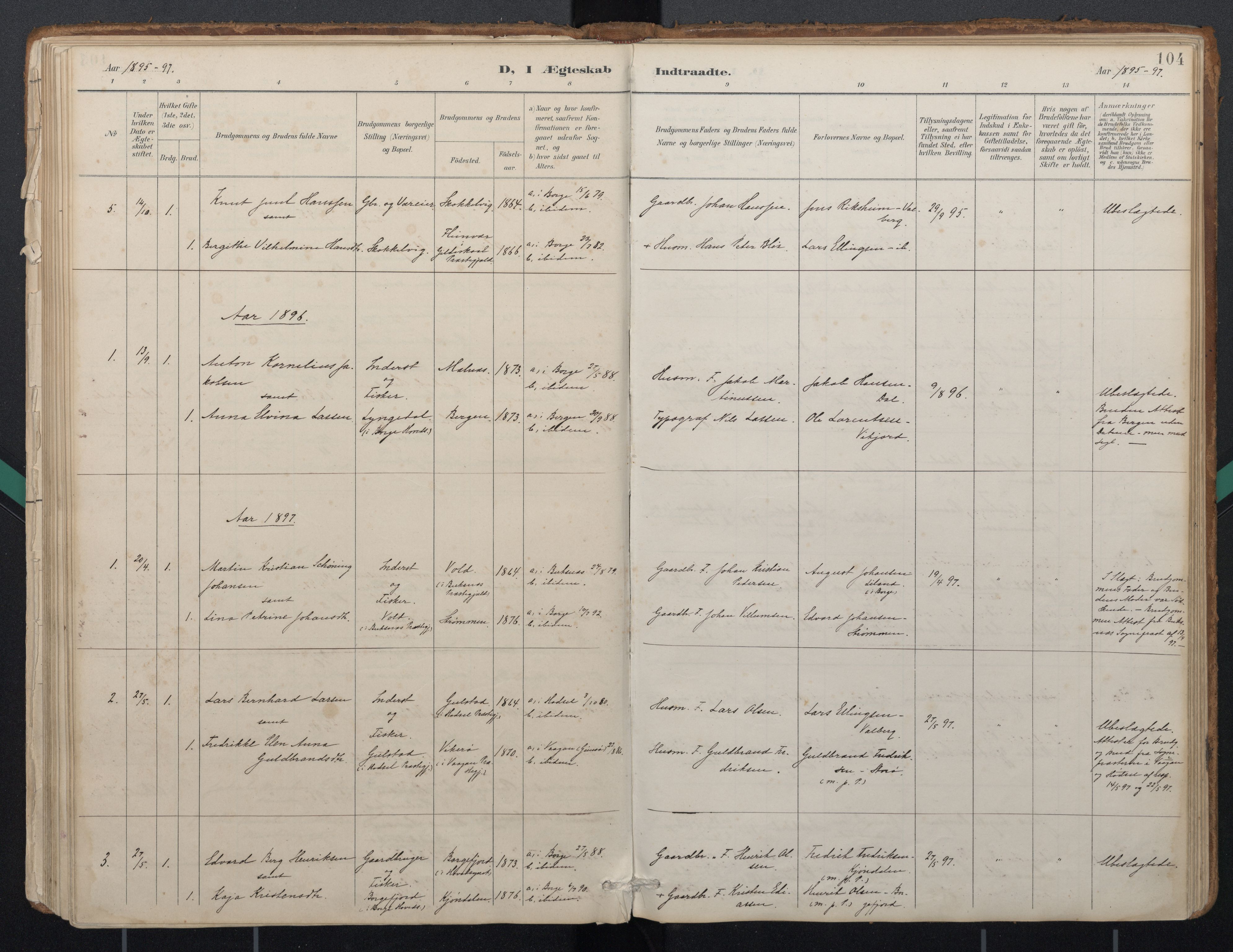 Ministerialprotokoller, klokkerbøker og fødselsregistre - Nordland, AV/SAT-A-1459/884/L1193: Parish register (official) no. 884A01, 1888-1905, p. 104