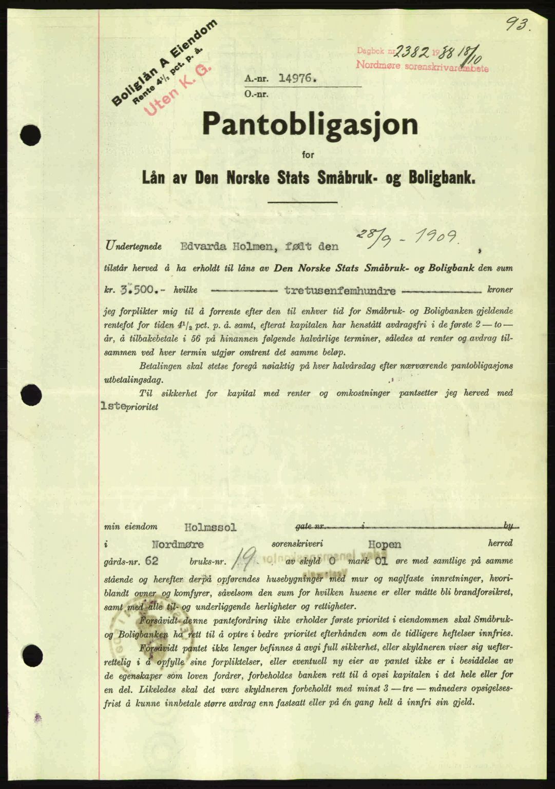 Nordmøre sorenskriveri, AV/SAT-A-4132/1/2/2Ca: Mortgage book no. B84, 1938-1939, Diary no: : 2382/1938