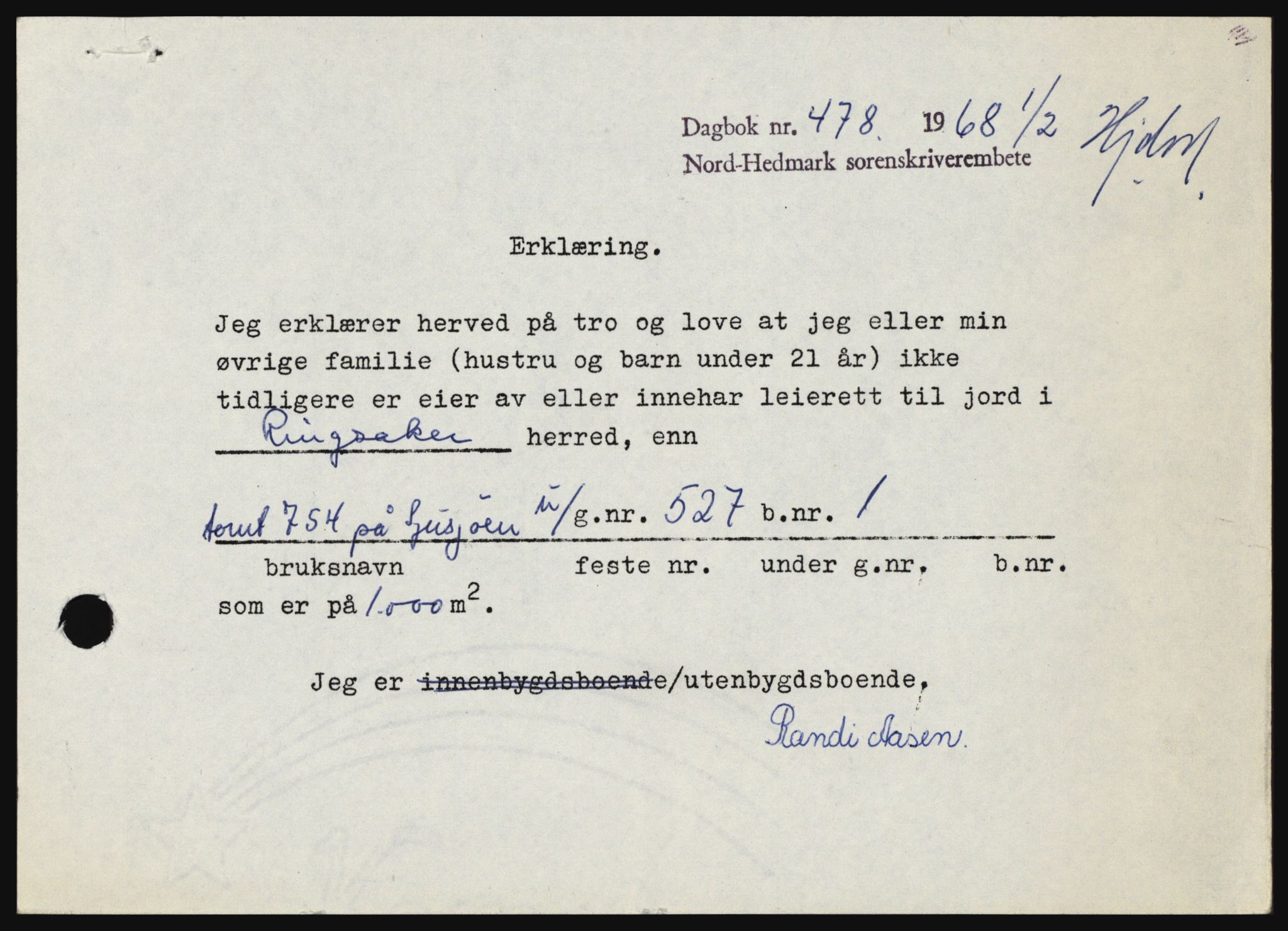 Nord-Hedmark sorenskriveri, SAH/TING-012/H/Hc/L0027: Mortgage book no. 27, 1967-1968, Diary no: : 478/1968