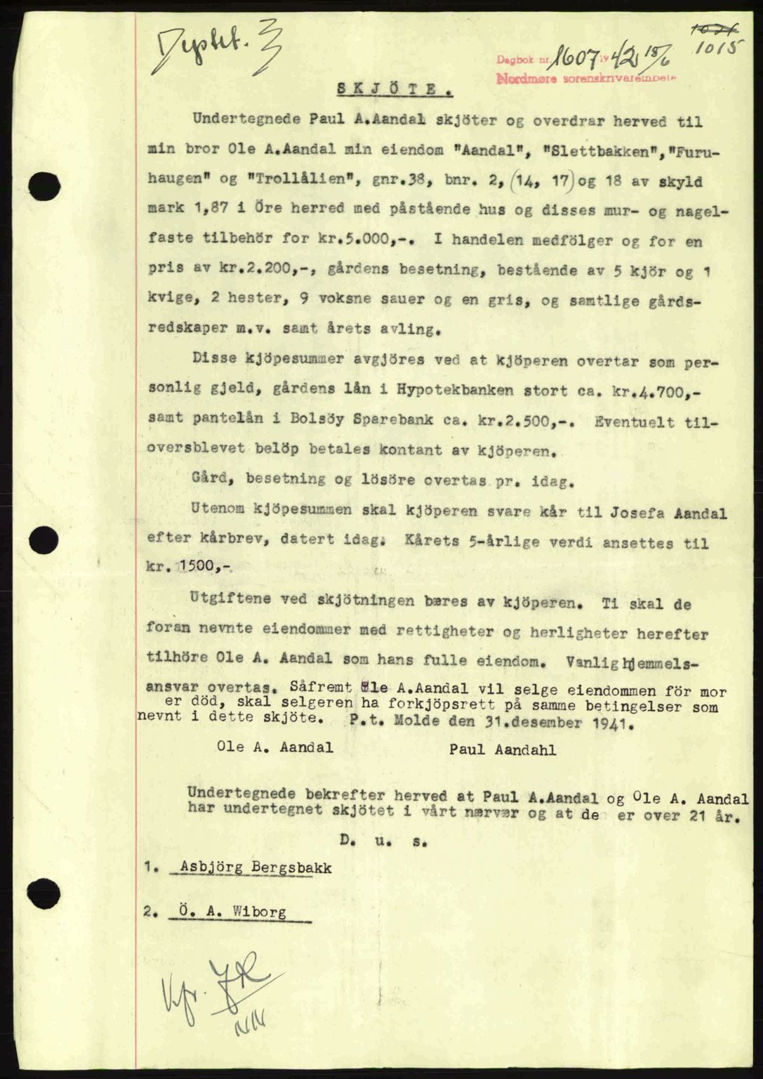 Nordmøre sorenskriveri, AV/SAT-A-4132/1/2/2Ca: Mortgage book no. A92, 1942-1942, Diary no: : 1607/1942