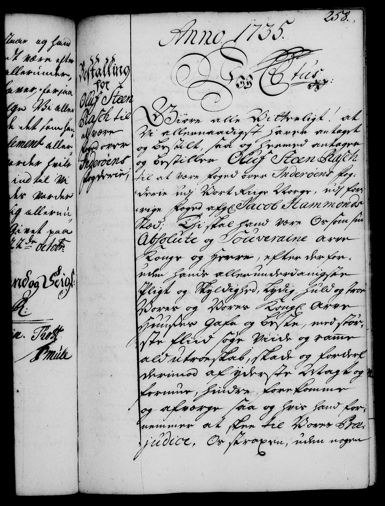 Rentekammeret, Kammerkanselliet, RA/EA-3111/G/Gg/Gge/L0002: Norsk bestallingsprotokoll med register (merket RK 53.26), 1730-1744, p. 258