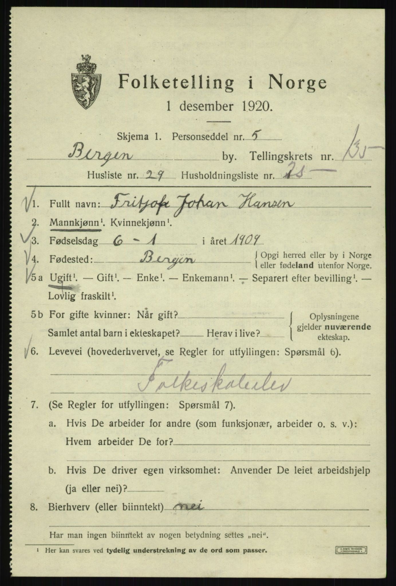 SAB, 1920 census for Bergen, 1920, p. 226732