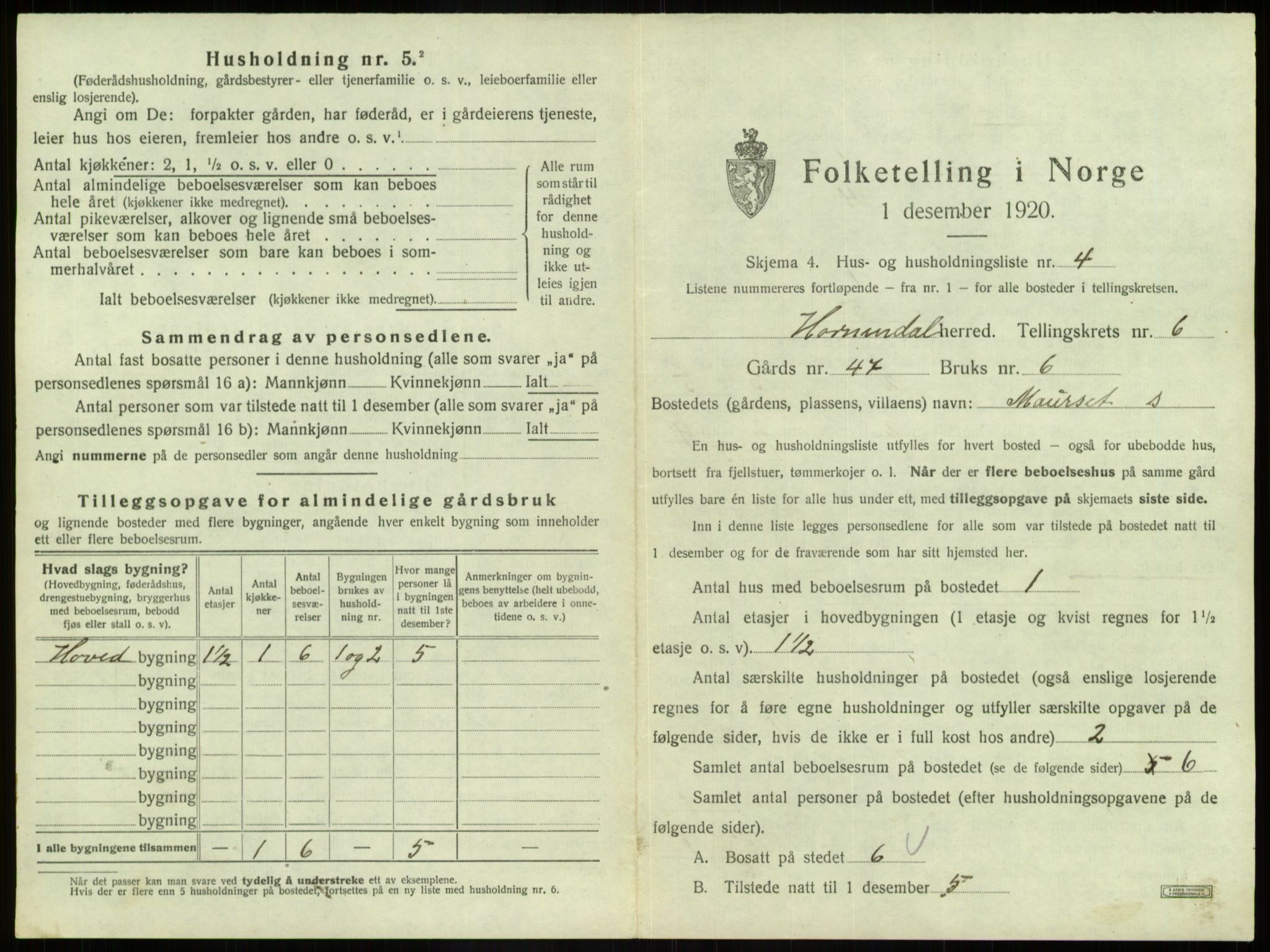 SAB, 1920 census for Hornindal, 1920, p. 434