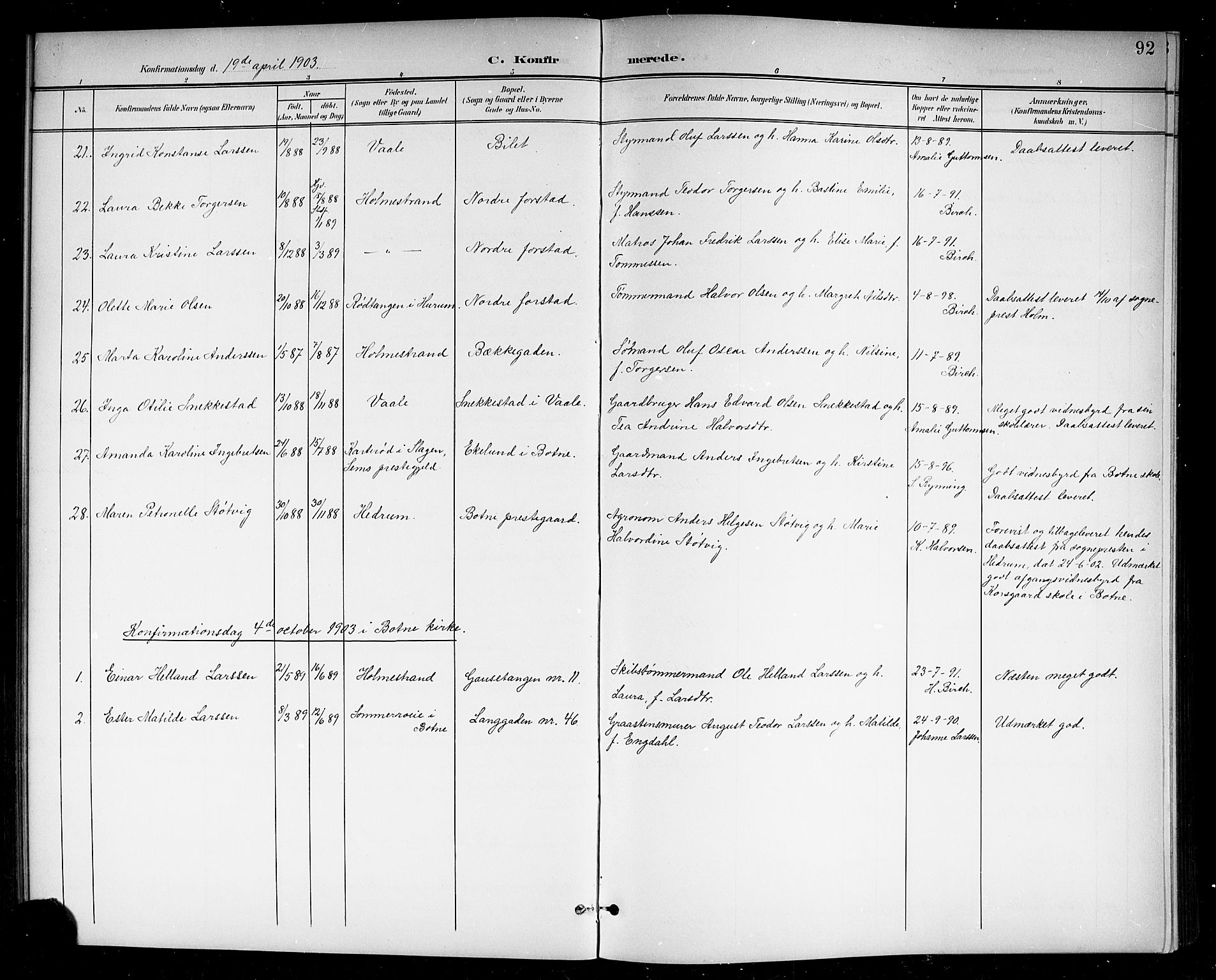 Holmestrand kirkebøker, AV/SAKO-A-346/G/Ga/L0006: Parish register (copy) no. 6, 1901-1923, p. 92