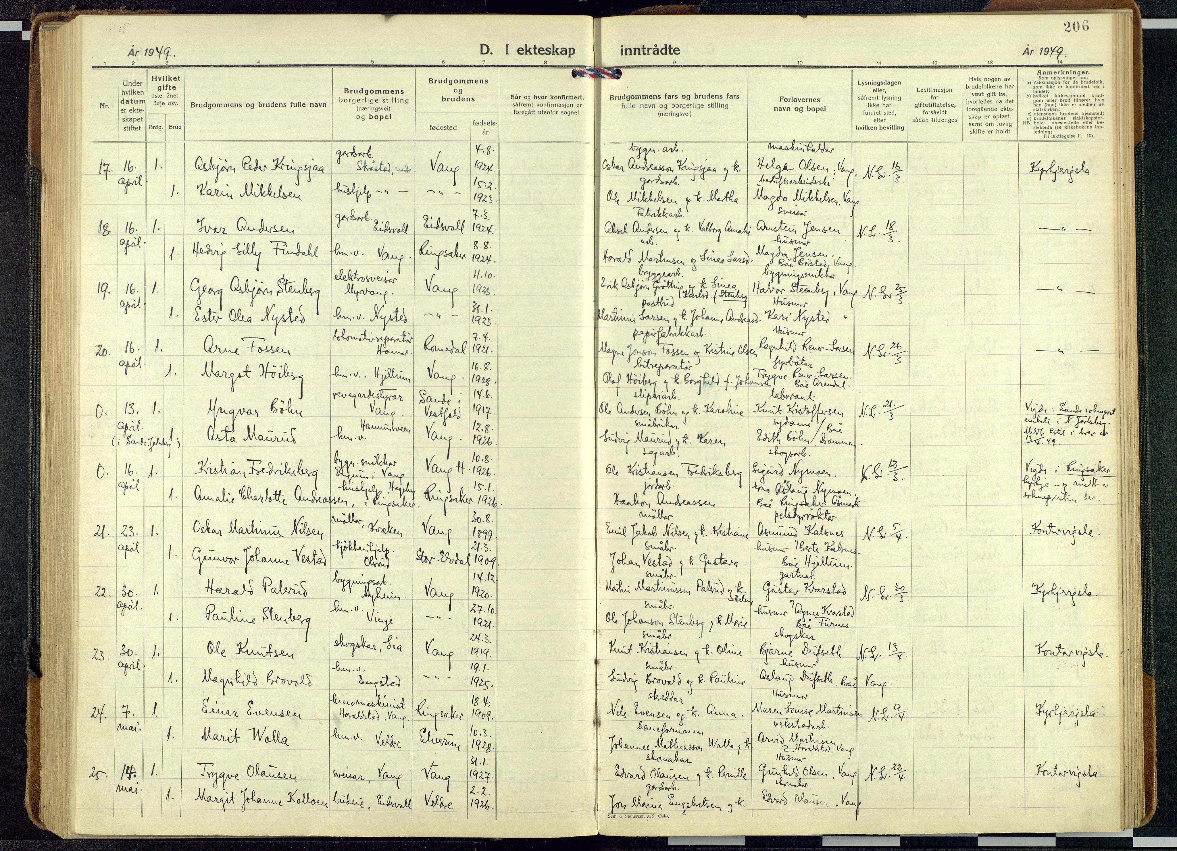 Vang prestekontor, Hedmark, AV/SAH-PREST-008/H/Ha/Haa/L0024: Parish register (official) no. 24, 1941-1967, p. 206