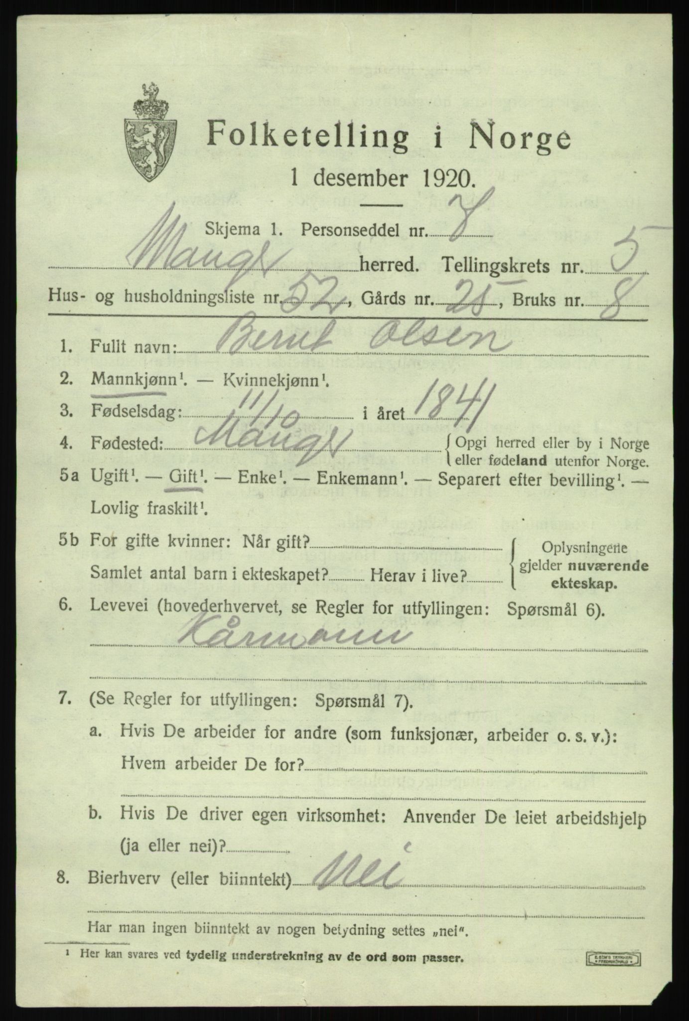 SAB, 1920 census for Manger, 1920, p. 3887