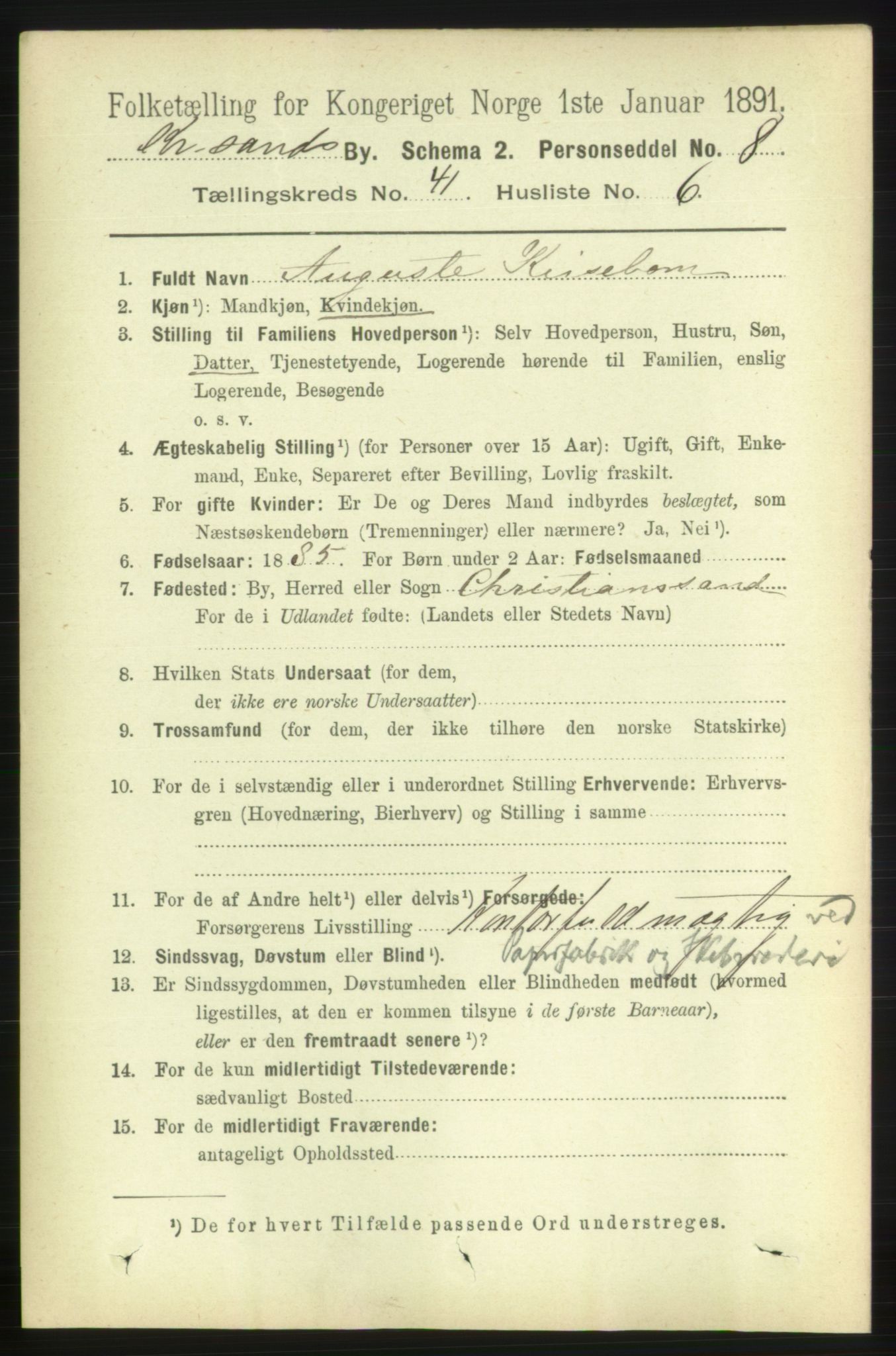 RA, 1891 census for 1001 Kristiansand, 1891, p. 12555