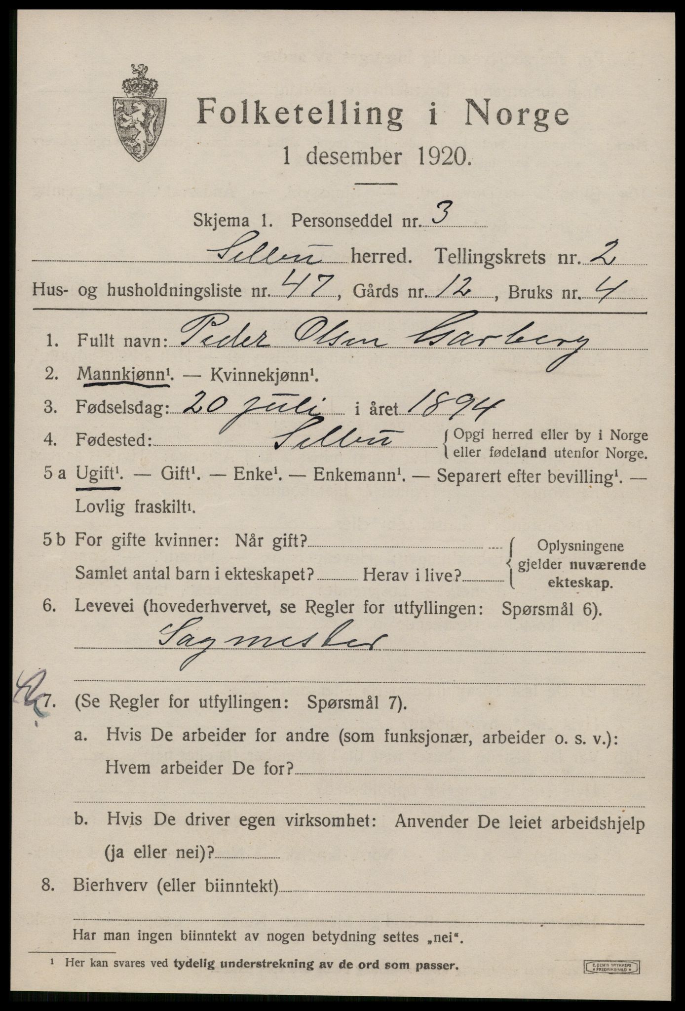 SAT, 1920 census for Selbu, 1920, p. 2446