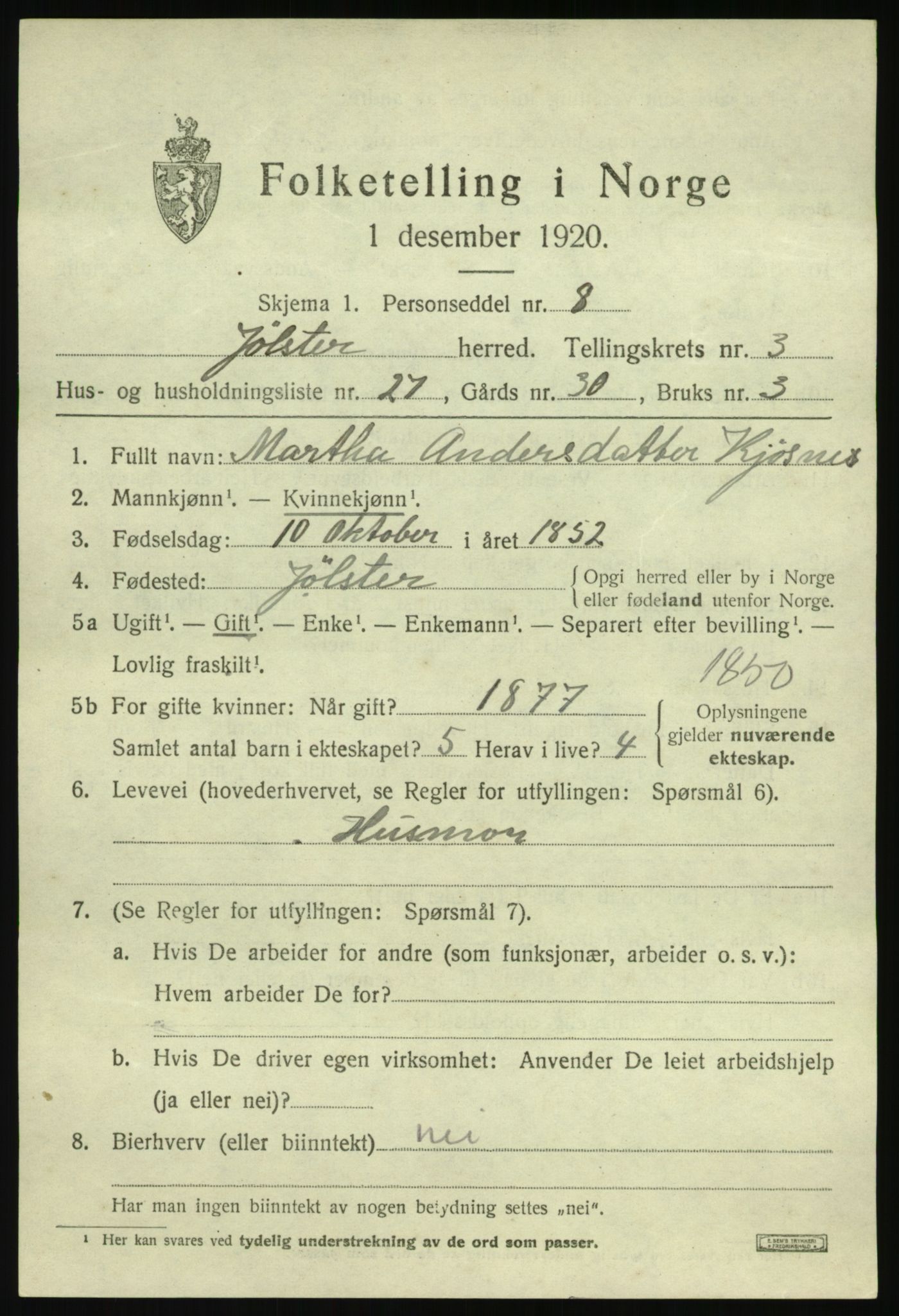 SAB, 1920 census for Jølster, 1920, p. 2358