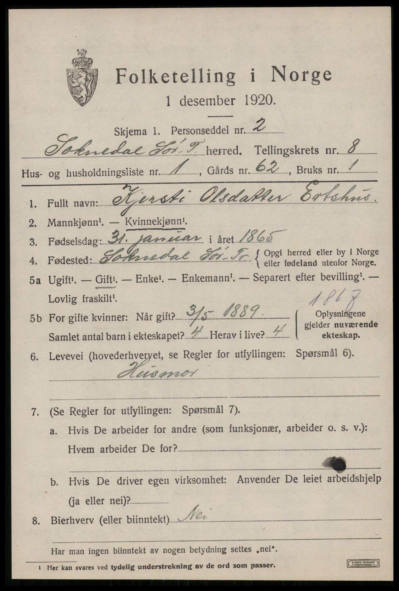 SAT, 1920 census for Soknedal, 1920, p. 3984