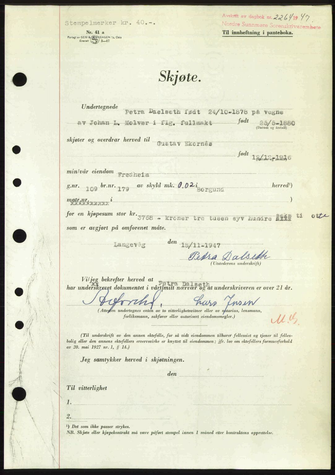 Nordre Sunnmøre sorenskriveri, AV/SAT-A-0006/1/2/2C/2Ca: Mortgage book no. A26, 1947-1948, Diary no: : 2264/1947