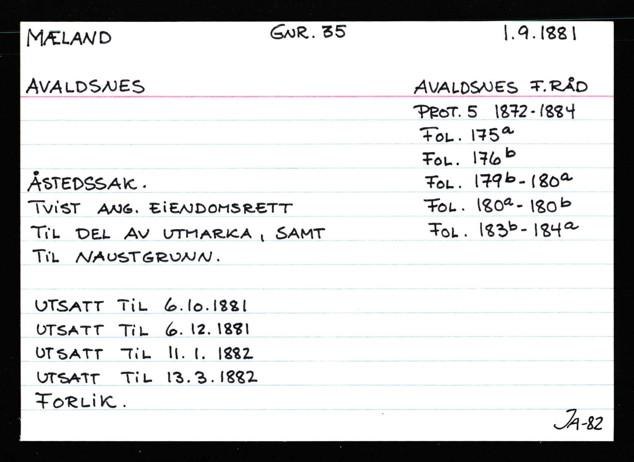 Statsarkivet i Stavanger, AV/SAST-A-101971/03/Y/Ym/L0040: Åstedskort sortert etter gårdsnavn: Mykje - Navrestad, 1600-1950, p. 177