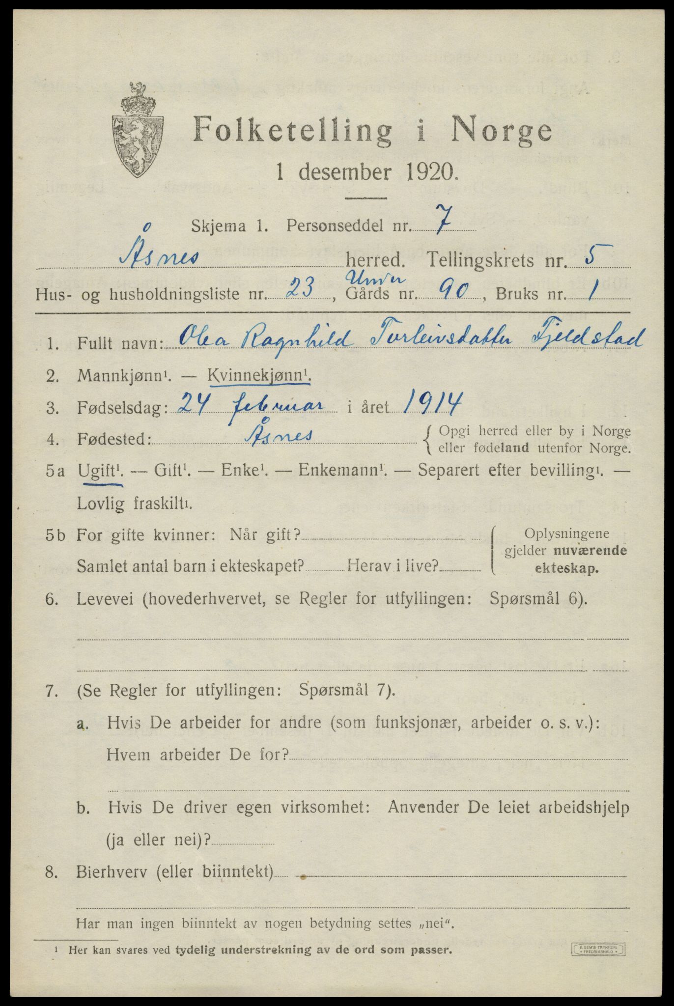 SAH, 1920 census for Åsnes, 1920, p. 6926