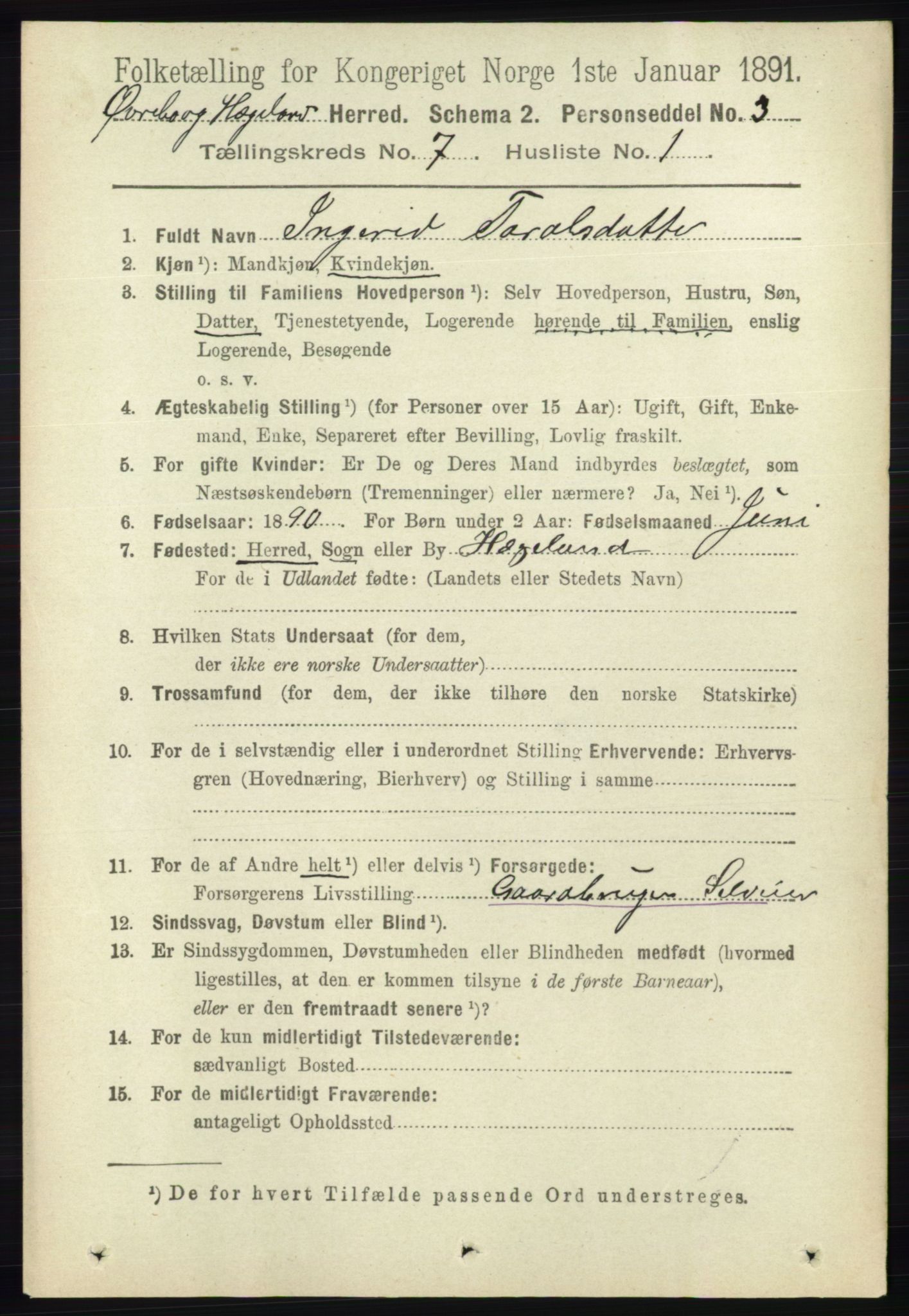 RA, 1891 census for 1016 Øvrebø og Hægeland, 1891, p. 1333