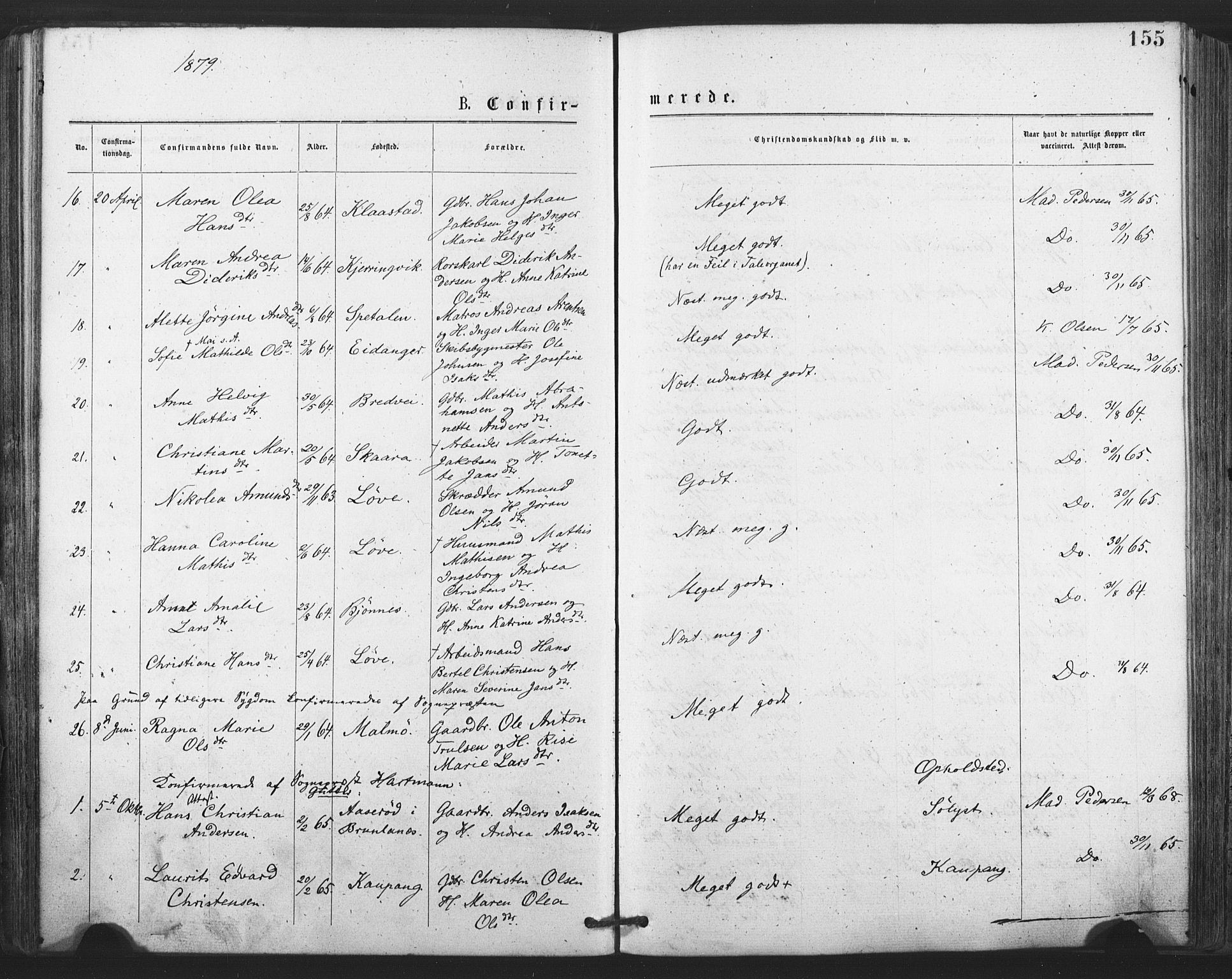 Tjølling kirkebøker, SAKO/A-60/F/Fa/L0008: Parish register (official) no. 8, 1877-1886, p. 155