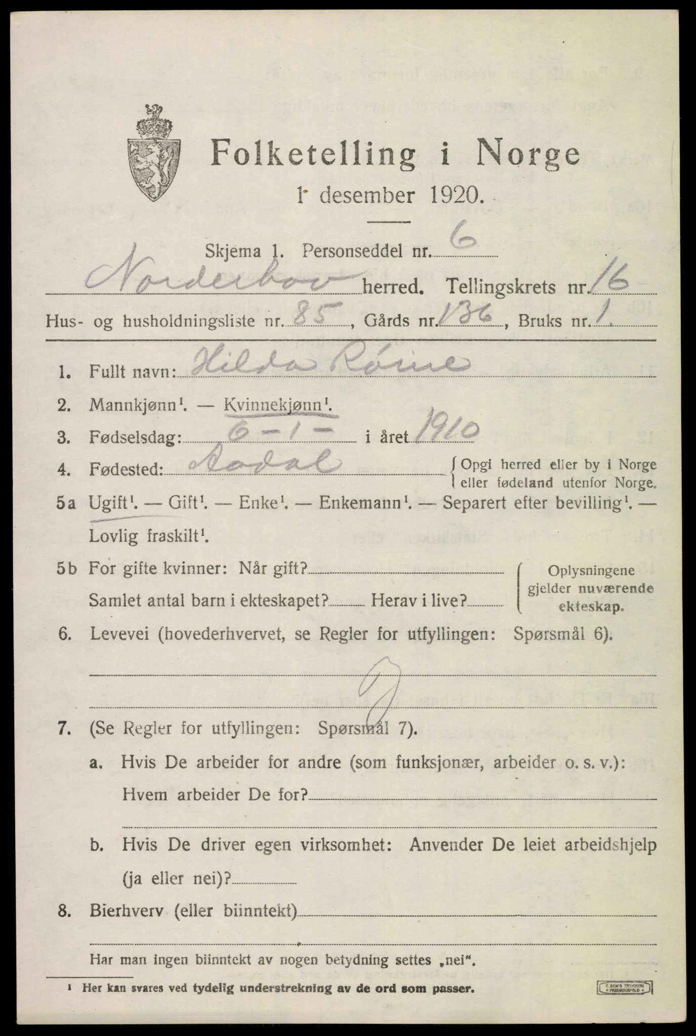 SAKO, 1920 census for Norderhov, 1920, p. 18500