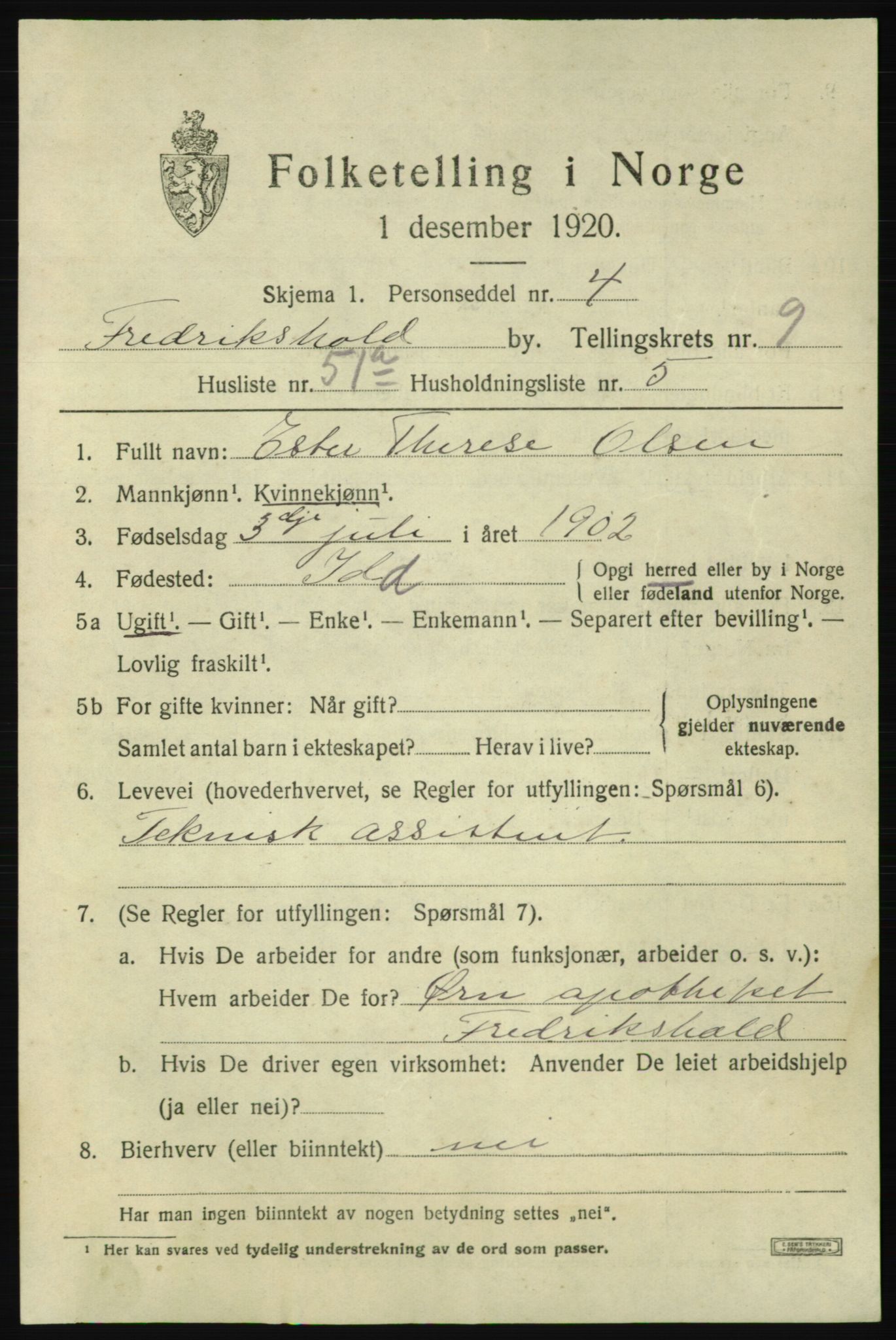 SAO, 1920 census for Fredrikshald, 1920, p. 17169