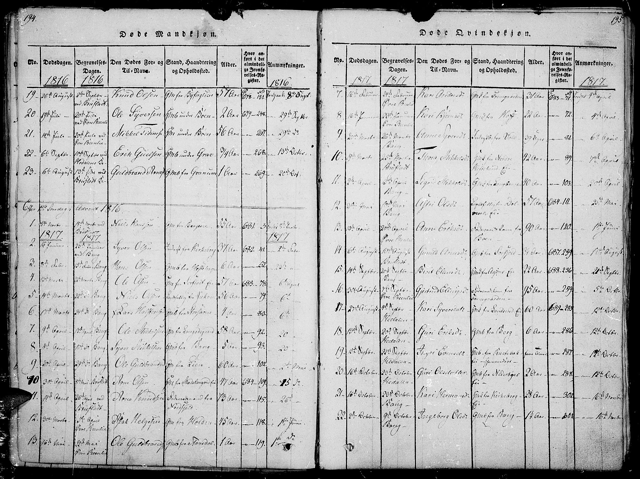 Sør-Aurdal prestekontor, SAH/PREST-128/H/Ha/Haa/L0002: Parish register (official) no. 2, 1815-1840, p. 194-195