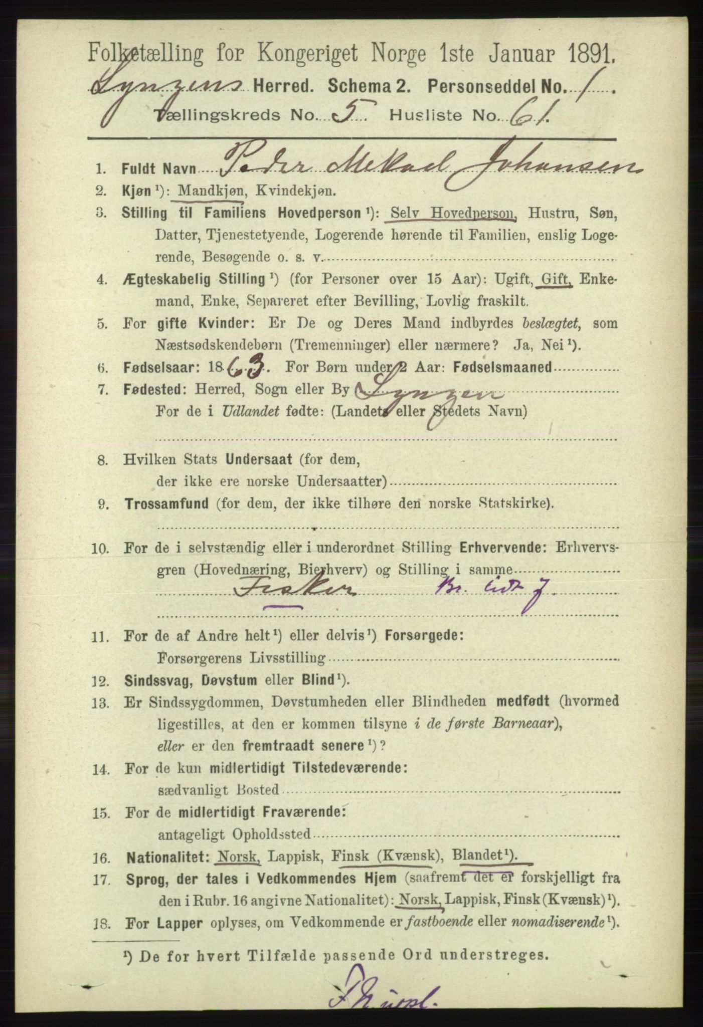 RA, 1891 census for 1938 Lyngen, 1891, p. 4829